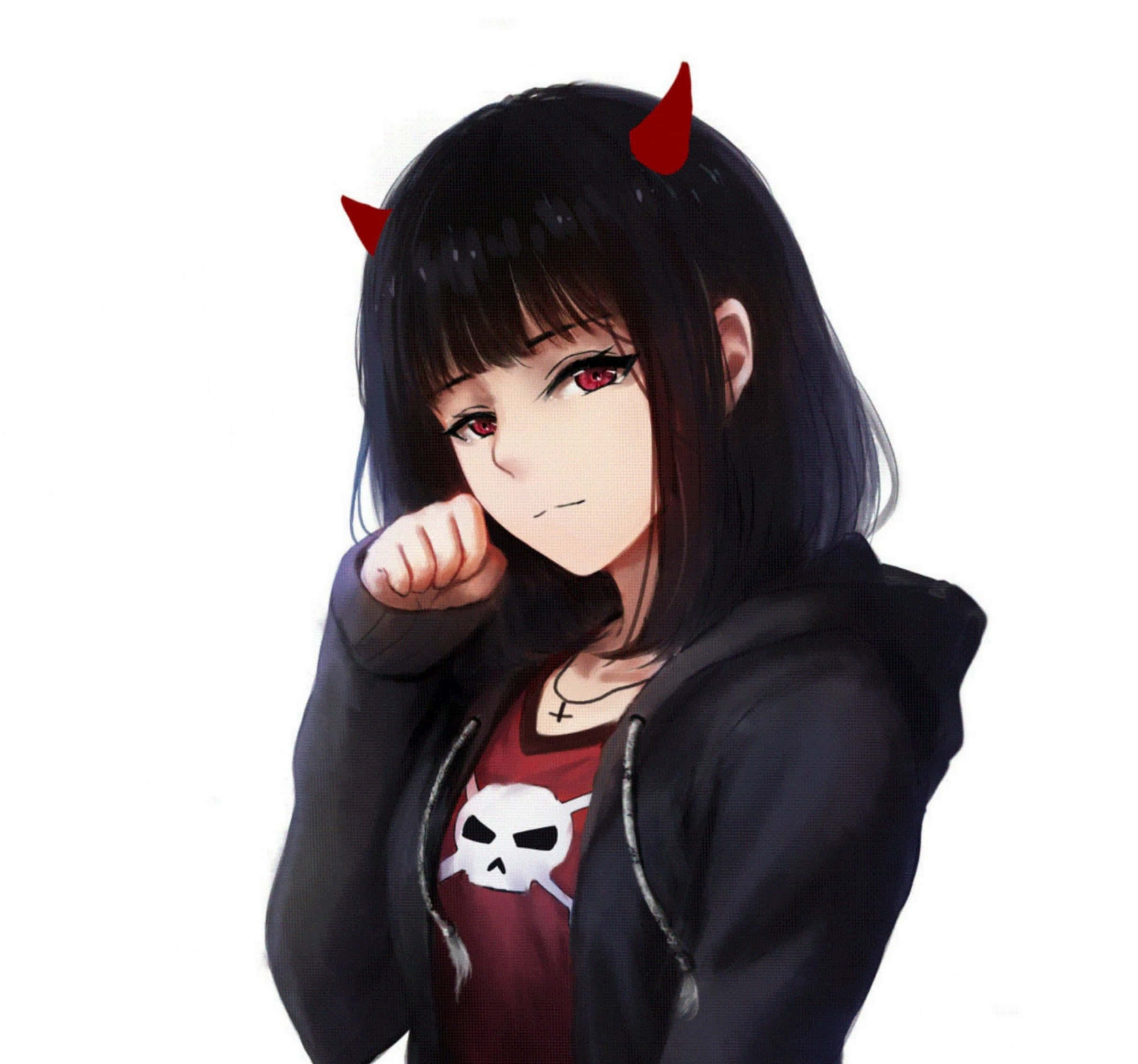 動漫女孩 桌布 壁紙 — 黑髮紅角紅眼動漫少女，身穿骷髏T恤外搭黑色連帽衫，握拳擺姿勢。