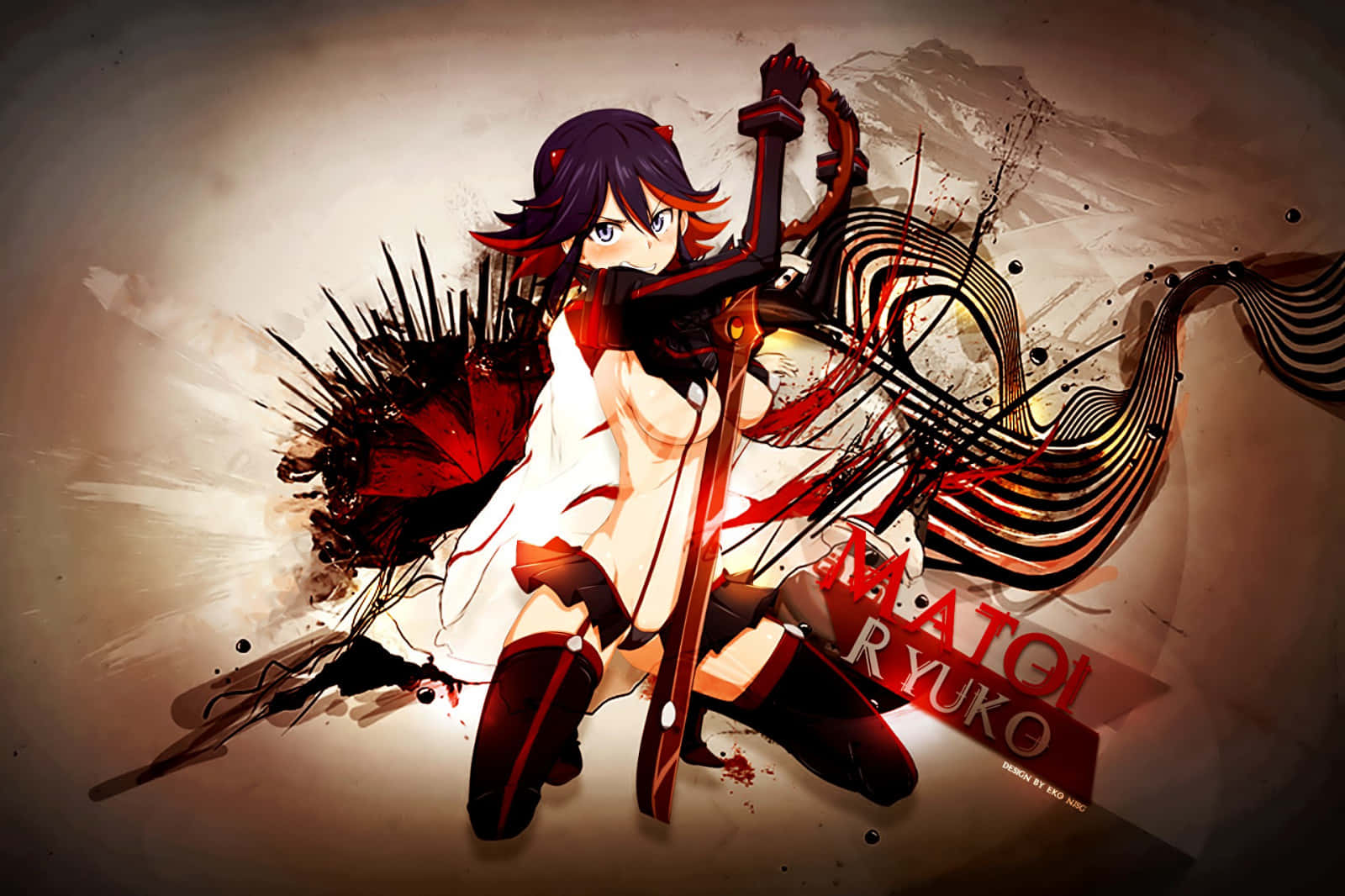 Kill La Kill 桌布 壁紙 — 黑髮紅調的動漫少女在動態的黑色和紅色潑濺藝術中揮舞劍。