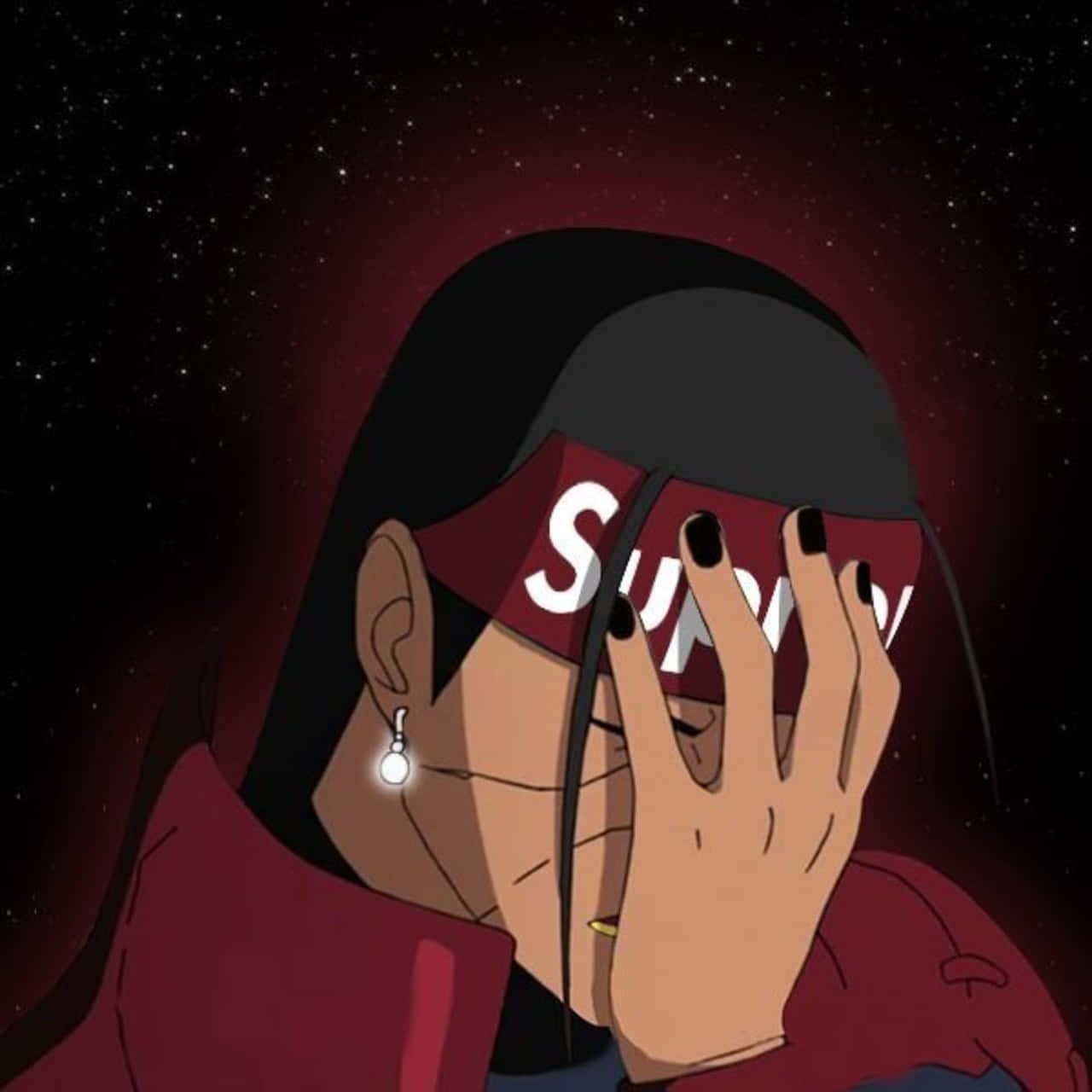 Dope Naruto 桌布 壁紙 — 黑髮紅連帽衫的動漫角色在星空夜空下用手遮臉。