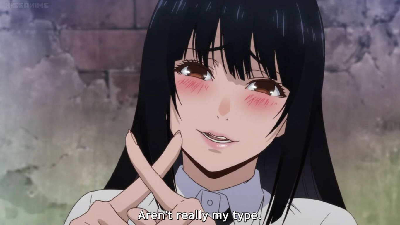 Kakegurui 桌布 壁紙 — 黑髮紅頰的動漫女孩在磚牆背景下做出俏皮的交叉手指手勢。