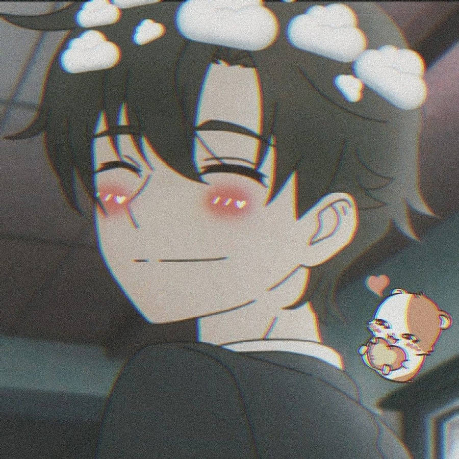 動漫男孩 桌布 壁紙 — 黑髮紅頰的動漫男孩溫柔微笑， fluffy 雲朵漂浮在他頭頂，一隻可愛的倉鼠貼紙從旁邊探出頭來。
