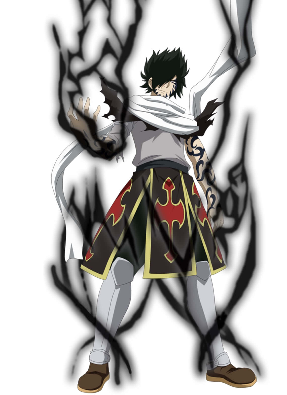 Rogue Cheney 桌布 壁紙 — 黑髮紋身手臂的動漫角色，在純白背景前伸出雙手引導黑暗能量。