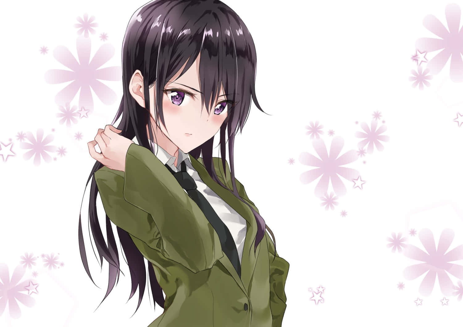 動漫女孩 桌布 壁紙 — 黑髮紫眼動漫女孩，身穿綠色外套，背景為柔和粉紅花卉。