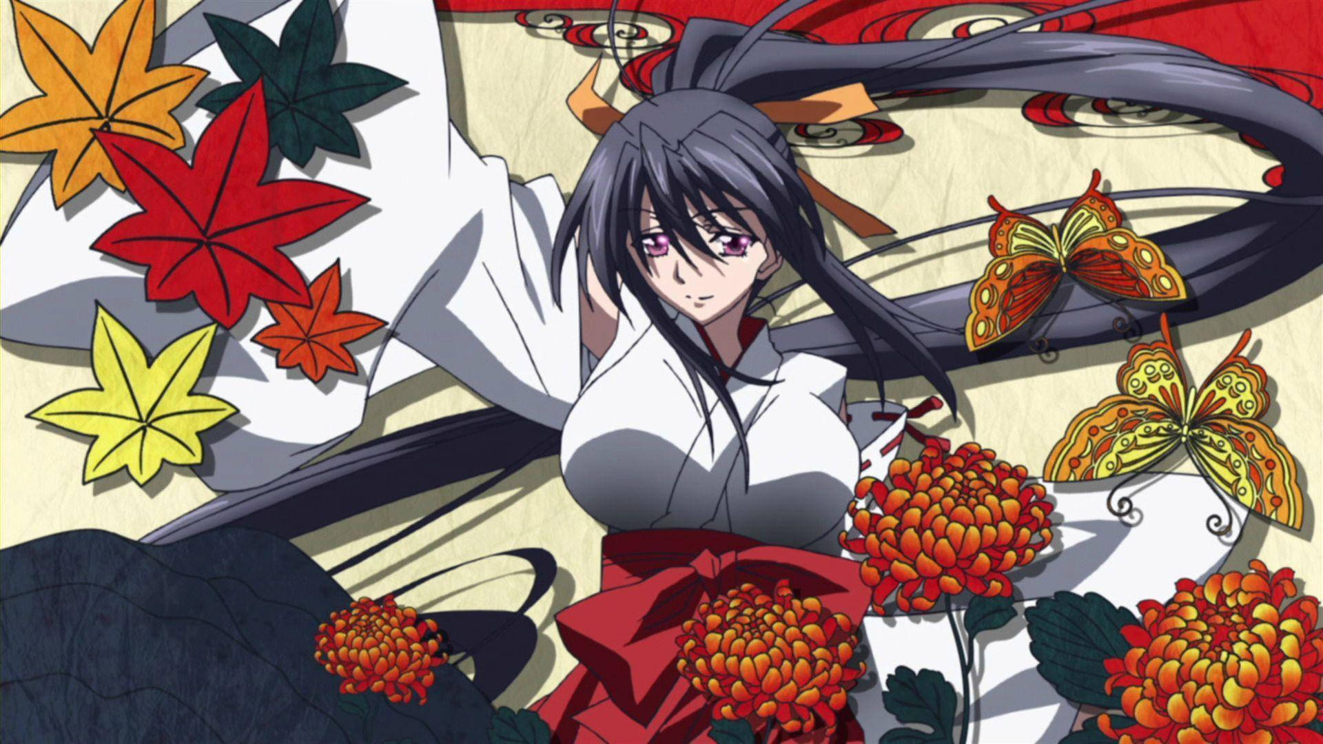 Dxd 桌布 壁紙 — 黑髮紫眼動漫少女穿著白色和服配紅色腰帶，周圍環繞著秋葉和蝴蝶。