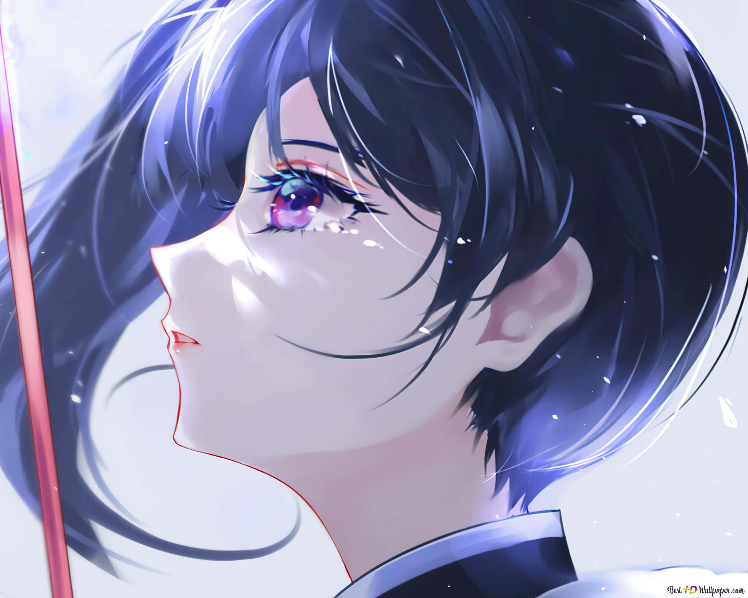 Demon Slayer Kanao 桌布 壁紙 — 黑髮紫眼的動漫女孩在柔和光線中向上凝視，周圍有發光粒子。