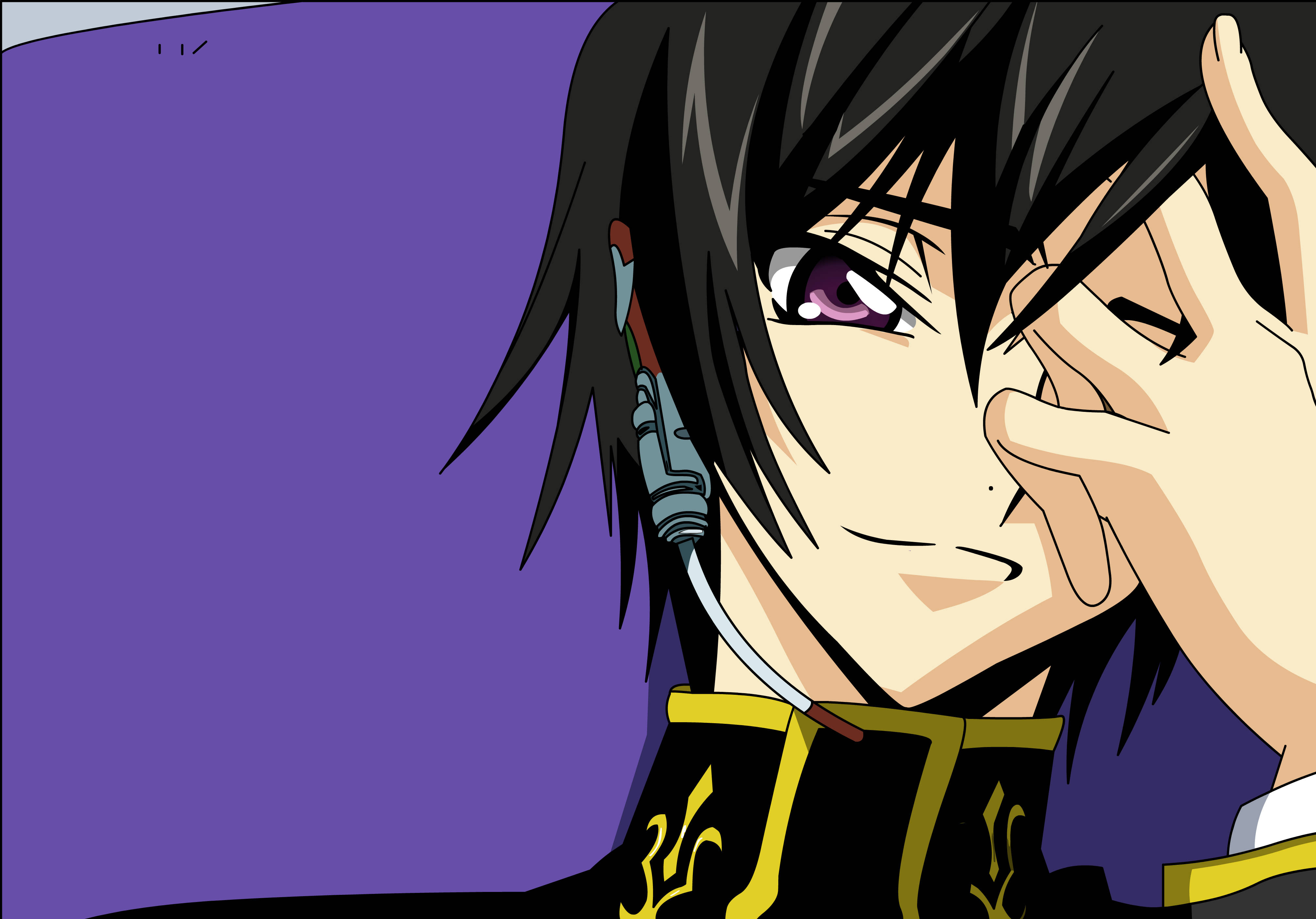 lelouch lamperouge 桌布 壁紙 — 黑髮紫眼的動漫角色在純紫色背景前托臉眨眼。