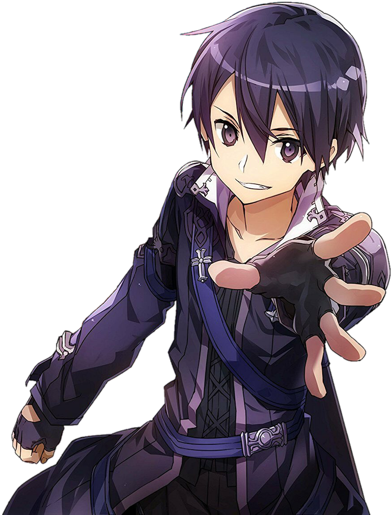 Kirito 桌布 壁紙 — 黑髮紫眼的動漫角色在黑色背景下以動態姿勢向前伸出手。