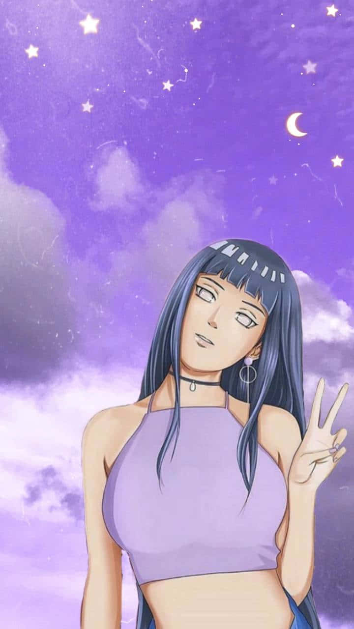 火影忍者 桌布 壁紙 — 黑髮紫短上衣的動漫女孩在星空紫月牙下擺姿勢。