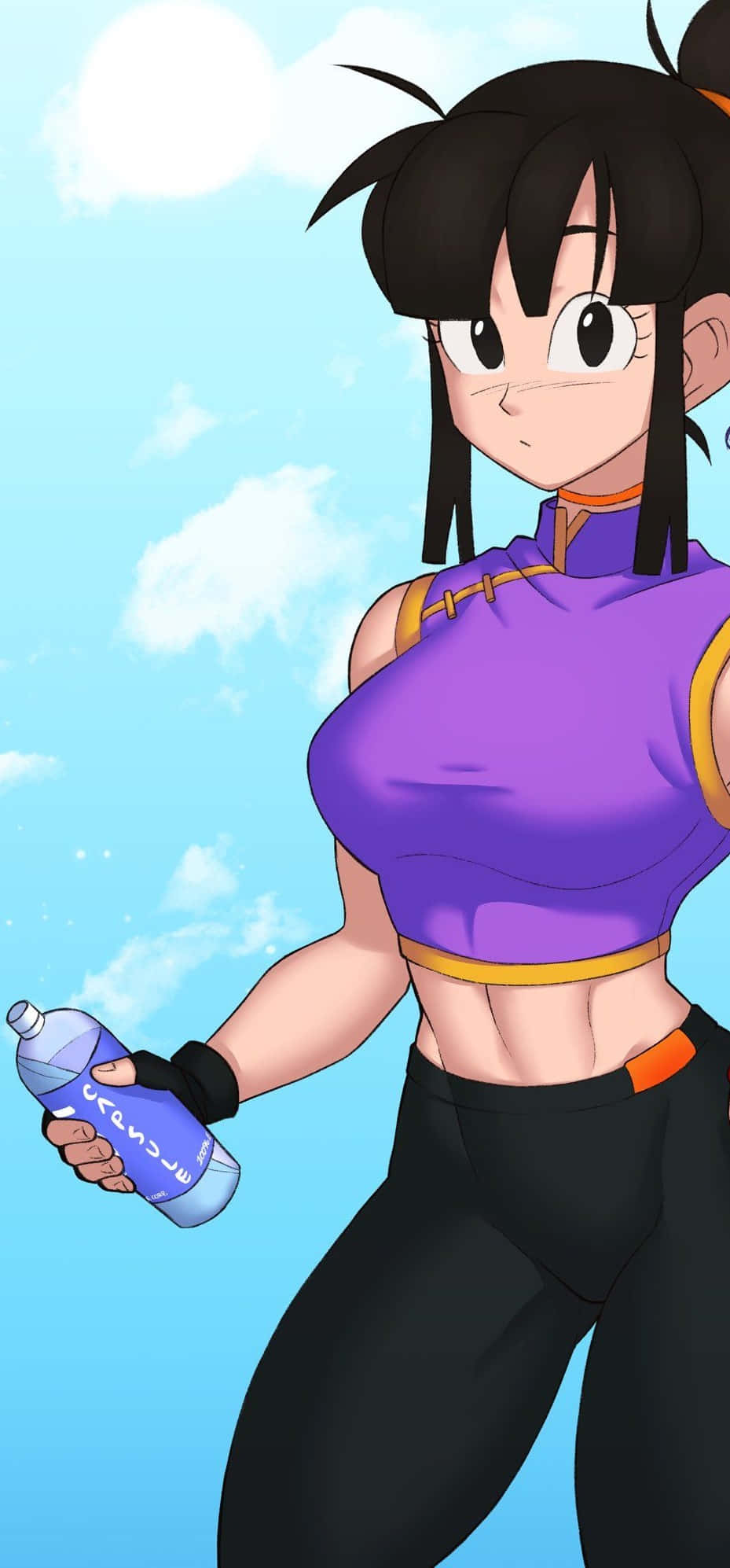 Chi-chi 桌布 壁紙 — 黑髮紫衣動漫女孩在藍天白雲下拿著水瓶。