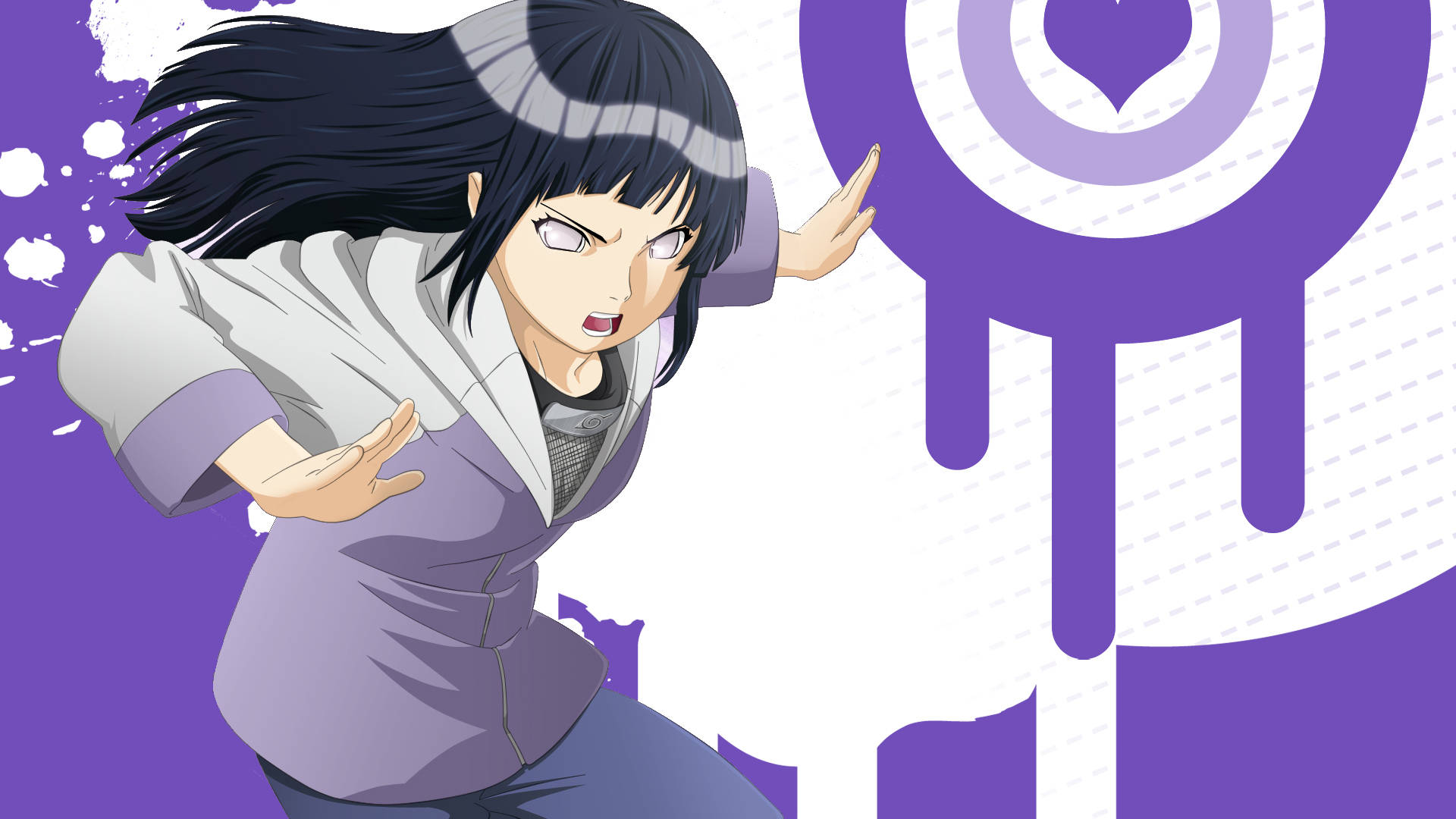 Hinata Hyuga 桌布 壁紙 — 黑髮紫衣的動漫女孩在醒目的紫白背景前做出動態的手印。
