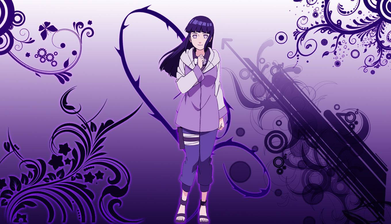 Hinata Hyuga 桌布 壁紙 — 黑髮紫衣的動漫女孩站在華麗旋轉的紫色背景前。