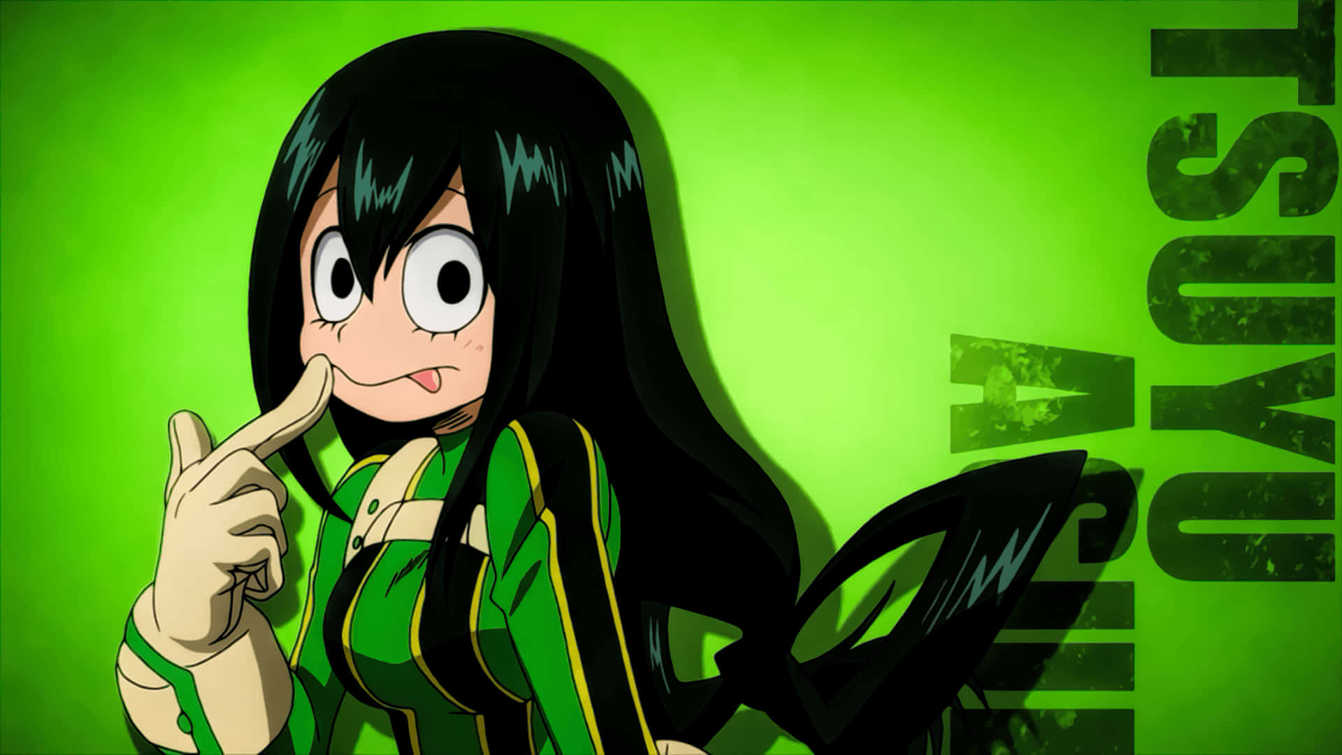 my hero academia 4K 桌布 壁紙 — 黑髮綠衣的動畫女孩在明亮的綠色背景上眨眼並伸出舌頭。