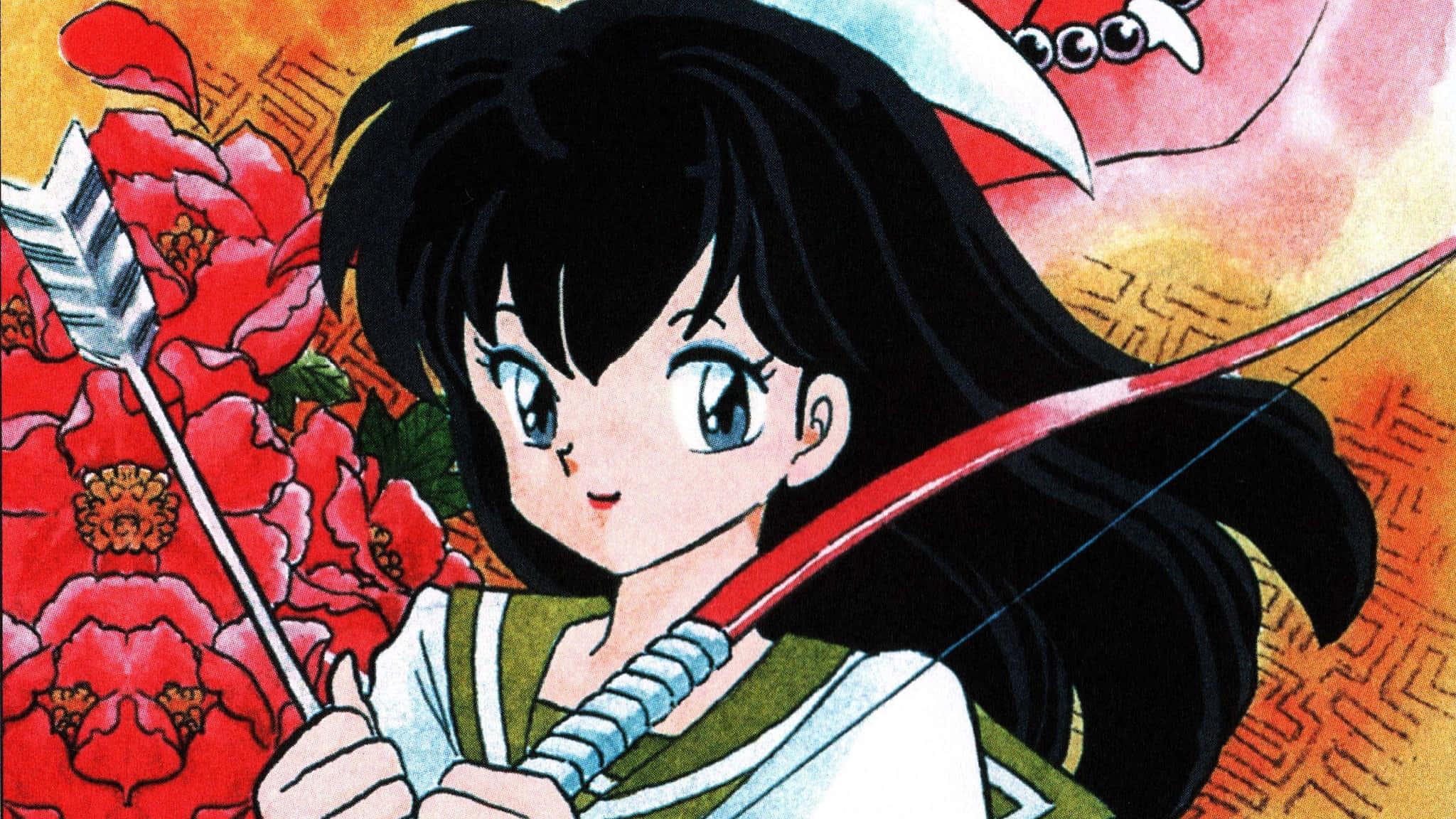 Kagome Higurashi 桌布 壁紙 — 黑髮藍眼動漫女孩在鮮豔的紅色花卉圖案中手持弓箭。