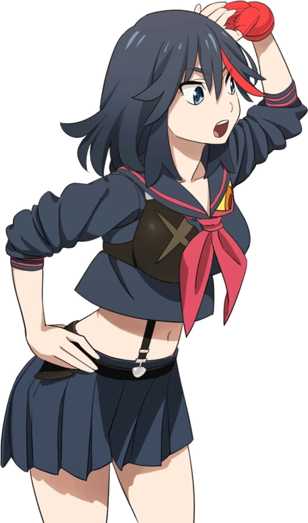 ryuko matoi 桌布 壁紙 — 黑髮藍眼的動漫女孩，穿著深色水手服，頑皮地舉起她的紅色絲帶。