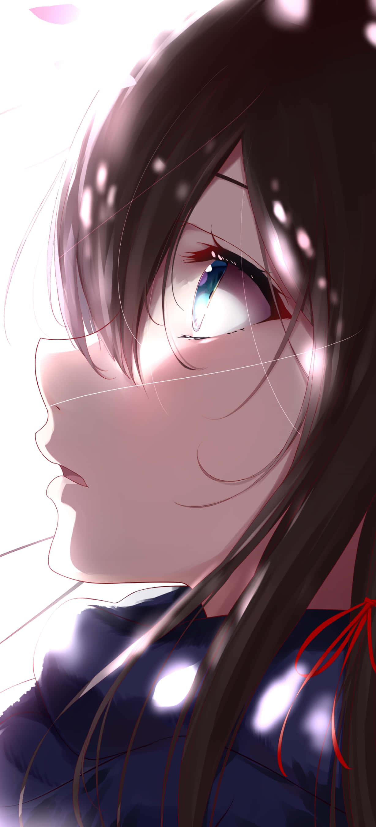動漫女孩 桌布 壁紙 — 黑髮藍眼的動漫女孩在柔和光線中仰望，櫻花瓣飄浮在她周圍。