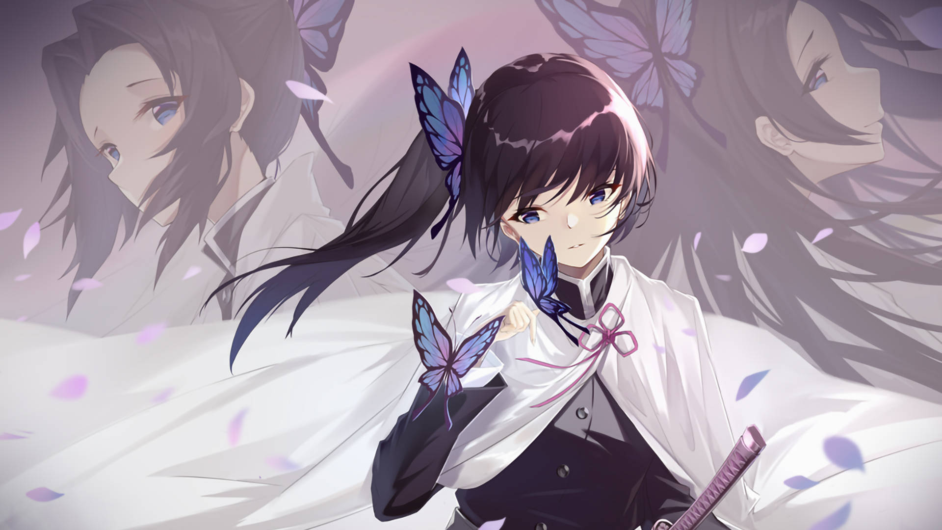 kanae kocho 桌布 壁紙 — 黑髮藍眼的動漫女孩穿著白色和服，蝴蝶在她周圍飛舞，粉色花瓣飄落。
