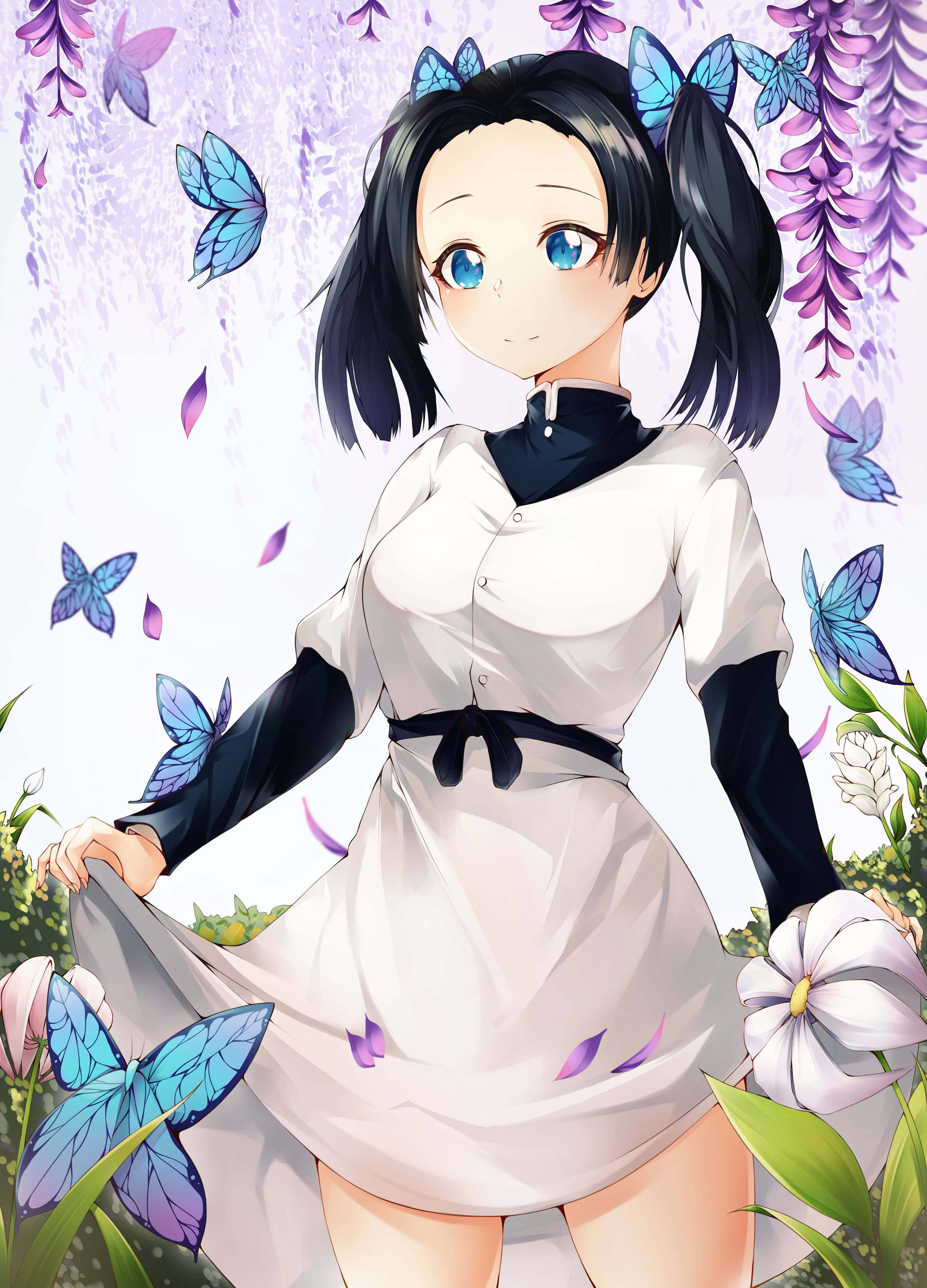 aoi kanzaki 桌布 壁紙 — 黑髮藍眼的動漫女孩站在紫色紫藤和藍色蝴蝶的花園中，穿著帶有黑色點綴的白色連衣裙。