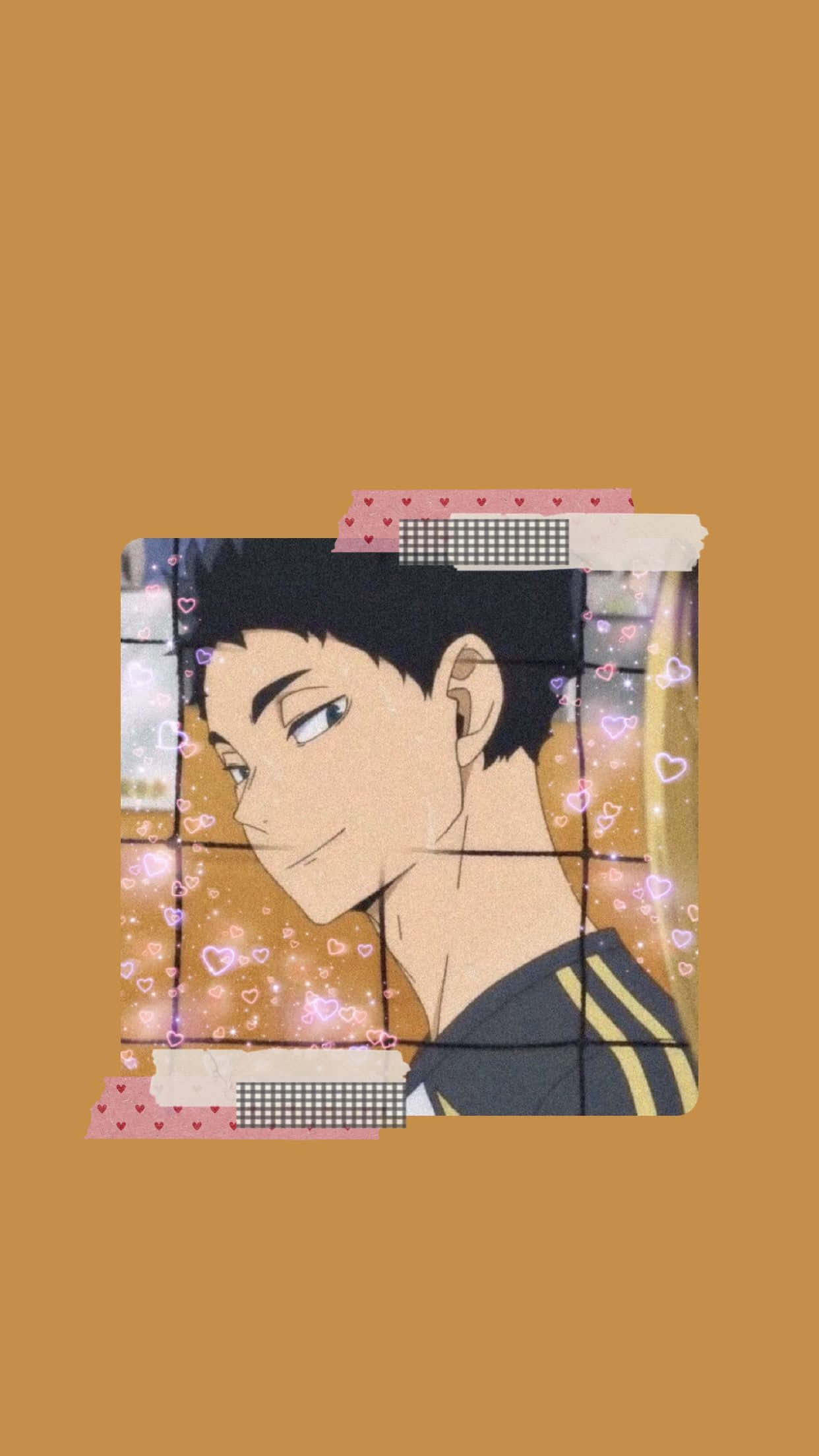 Keiji Akaashi 桌布 壁紙 — 黑髮藍眼的動漫男孩在溫暖的棕色背景上被粉紅心形包圍，溫柔微笑。