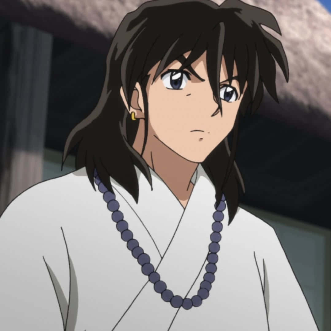 Miroku 桌布 壁紙 — 黑髮藍眼的動漫角色，室內穿著白色長袍和紫色珠串項鍊。