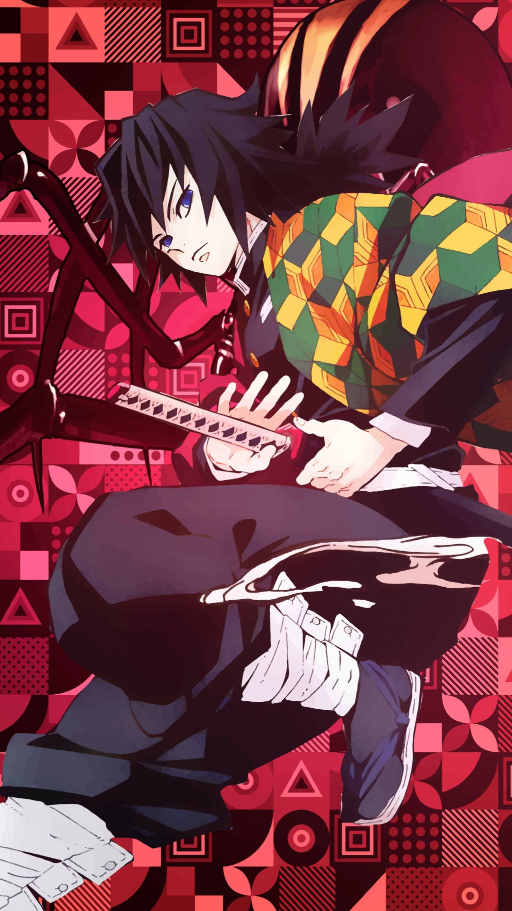 Demon Slayer Phone 桌布 壁紙 — 黑髮藍眼的動漫角色在鮮紅色幾何圖案背景前持劍。