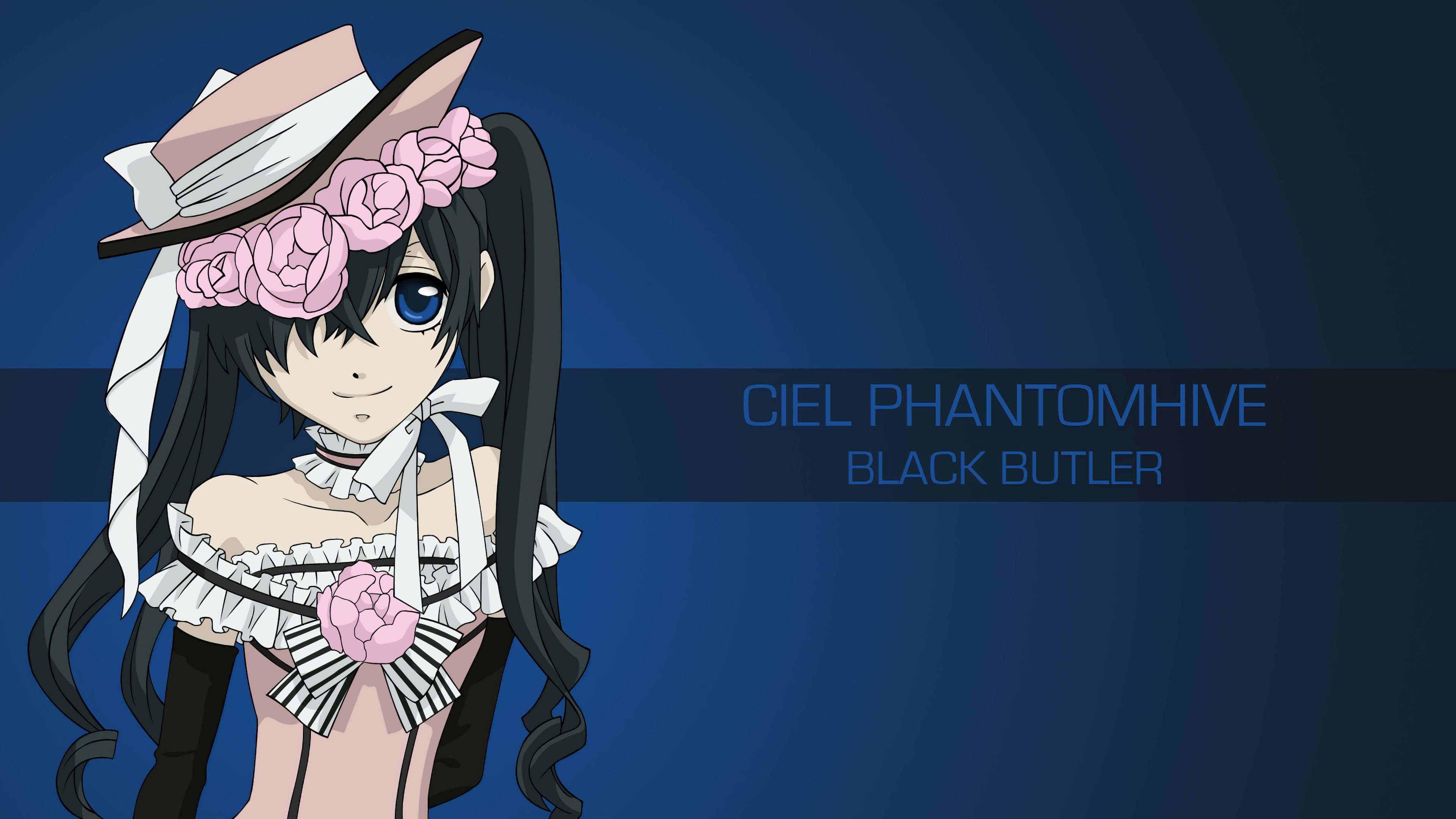 Ciel Phantomhive 桌布 壁紙 — 黑髮藍眼的動畫女孩，在深藍色漸變背景前戴著粉紅玫瑰裝飾的帽子和連衣裙。