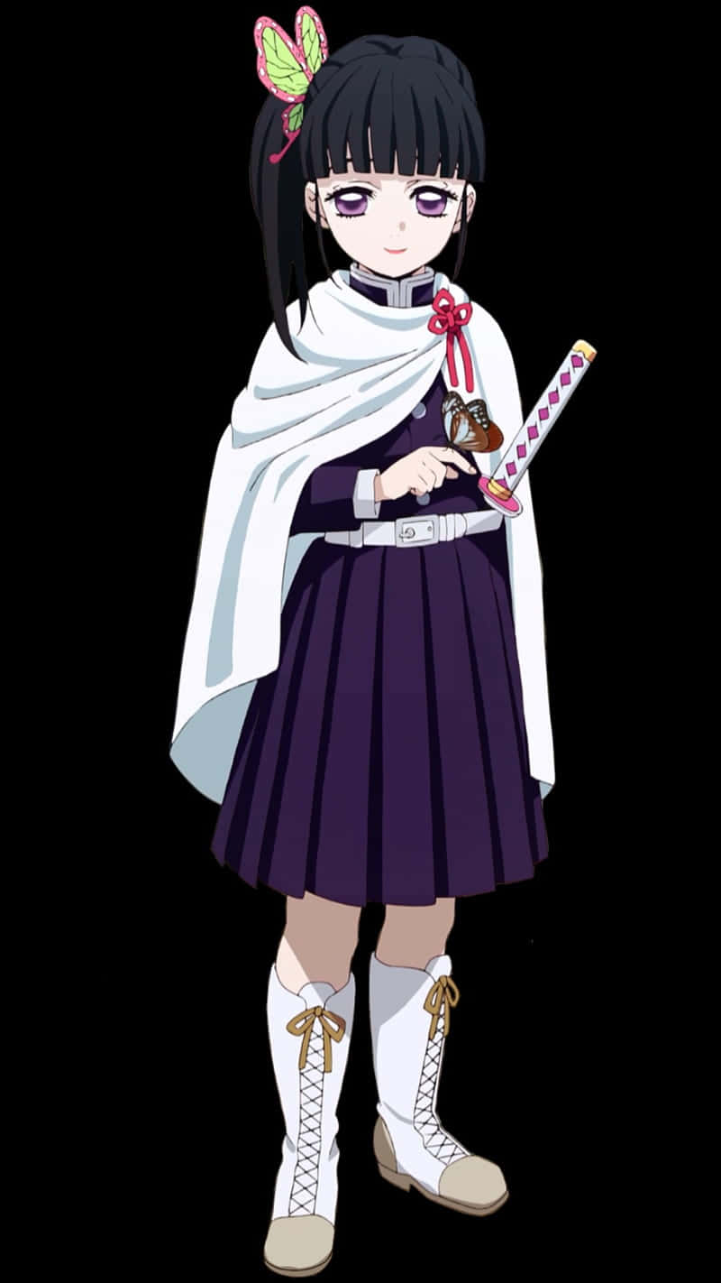 Demon Slayer Kanao 桌布 壁紙 — 黑髮蝴蝶髮夾動漫少女，身穿紫色校服，在黑色背景前持劍。
