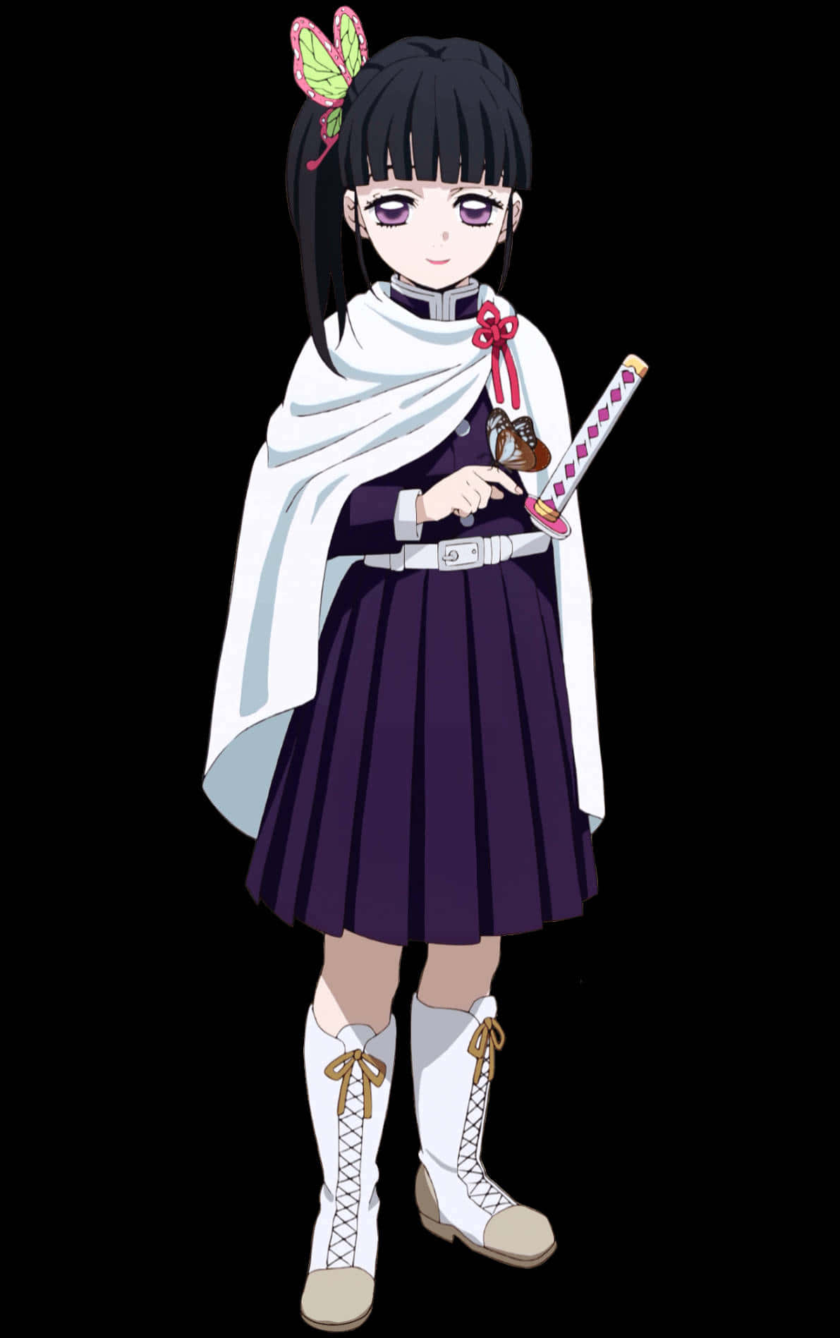 Demon Slayer Kanao 桌布 壁紙 — 黑髮蝴蝶髮夾的動漫女孩，穿著紫色服裝，在黑色背景前持劍。