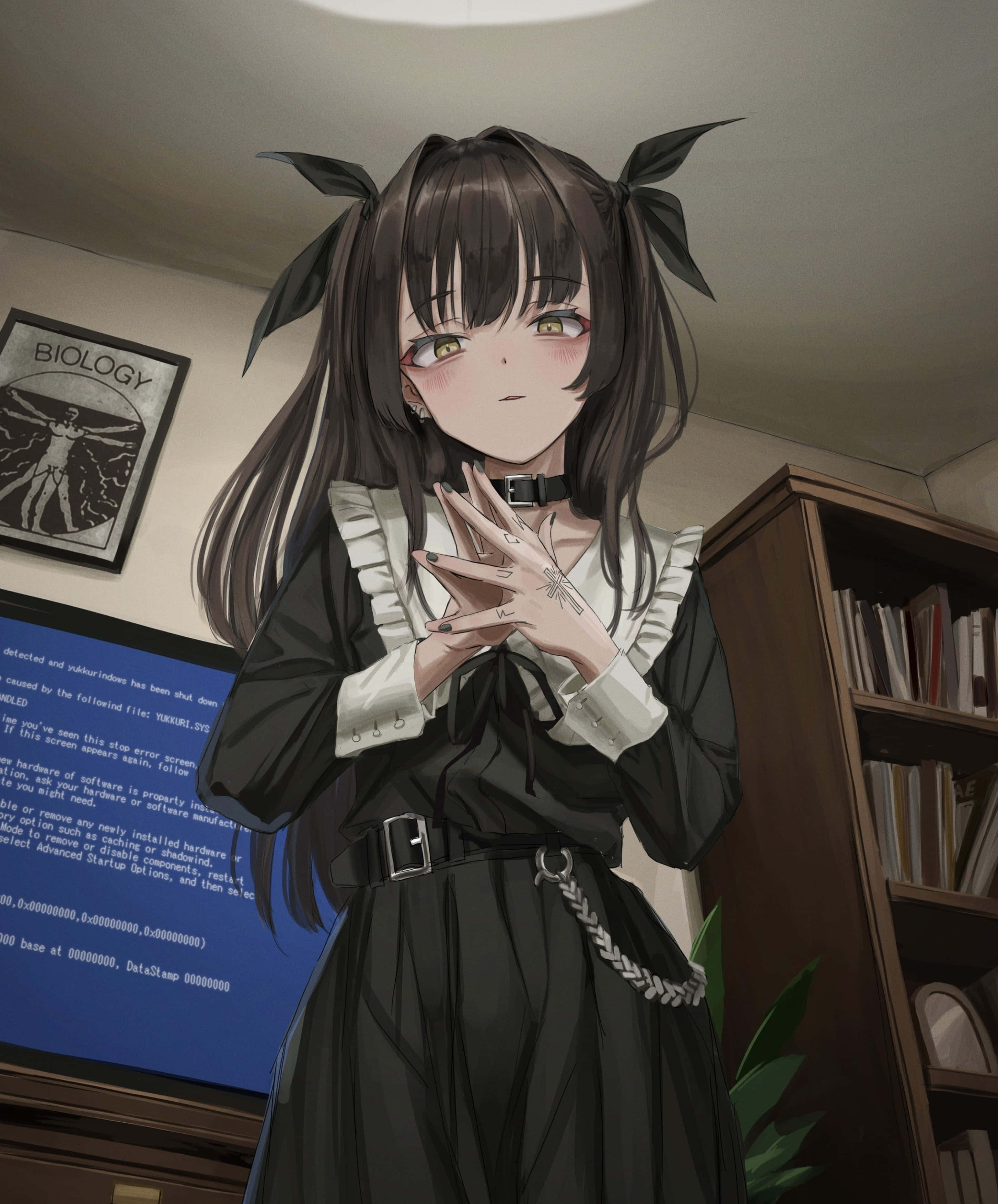 哥德式動圖 桌布 壁紙 — 黑髮貓耳動漫女孩站在一個背後有藍色錯誤畫面的房間裡。