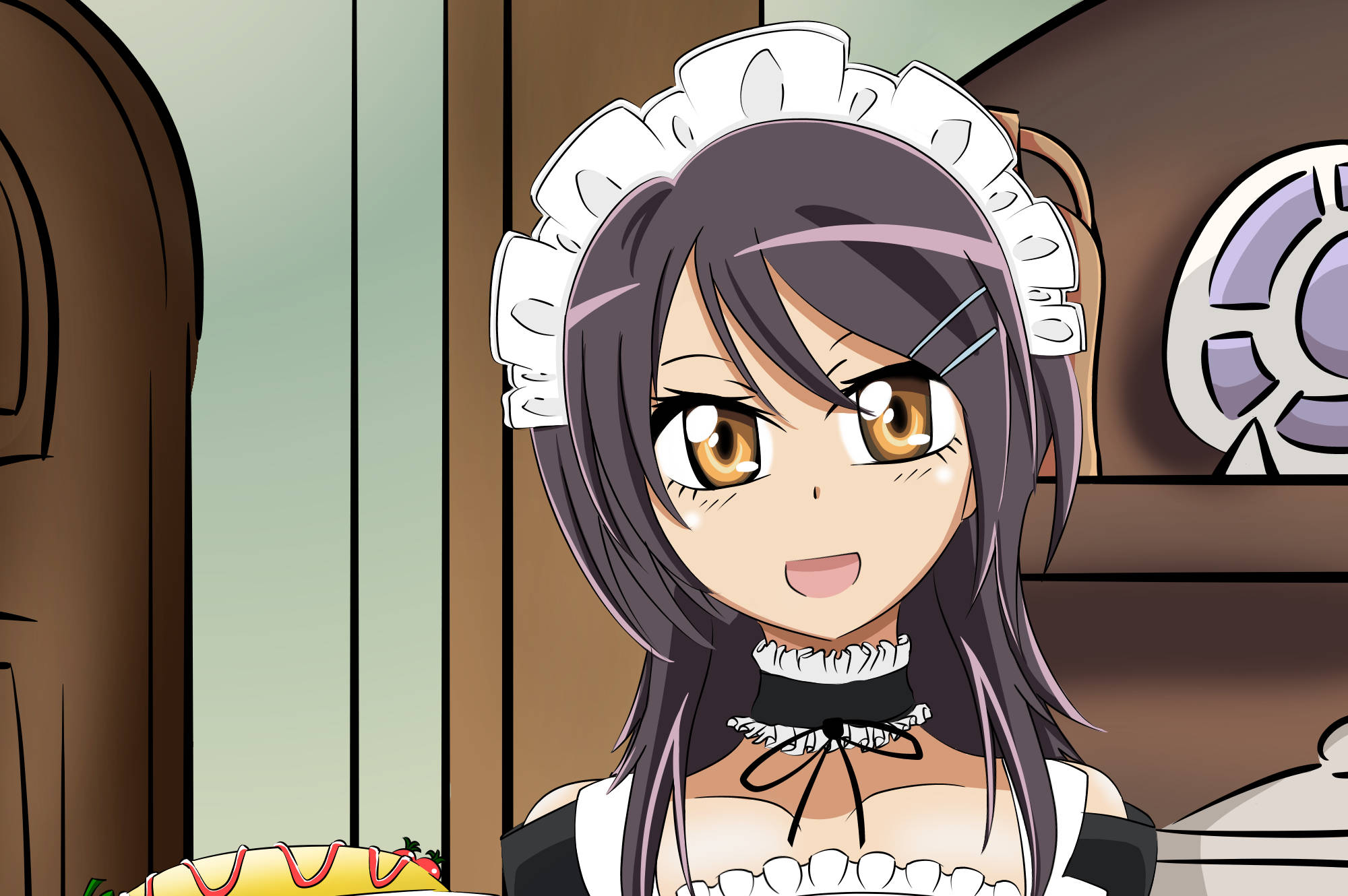 Maid Sama 桌布 壁紙 — 黑髮金眼的動漫女僕在舒適的廚房環境中溫暖地微笑。