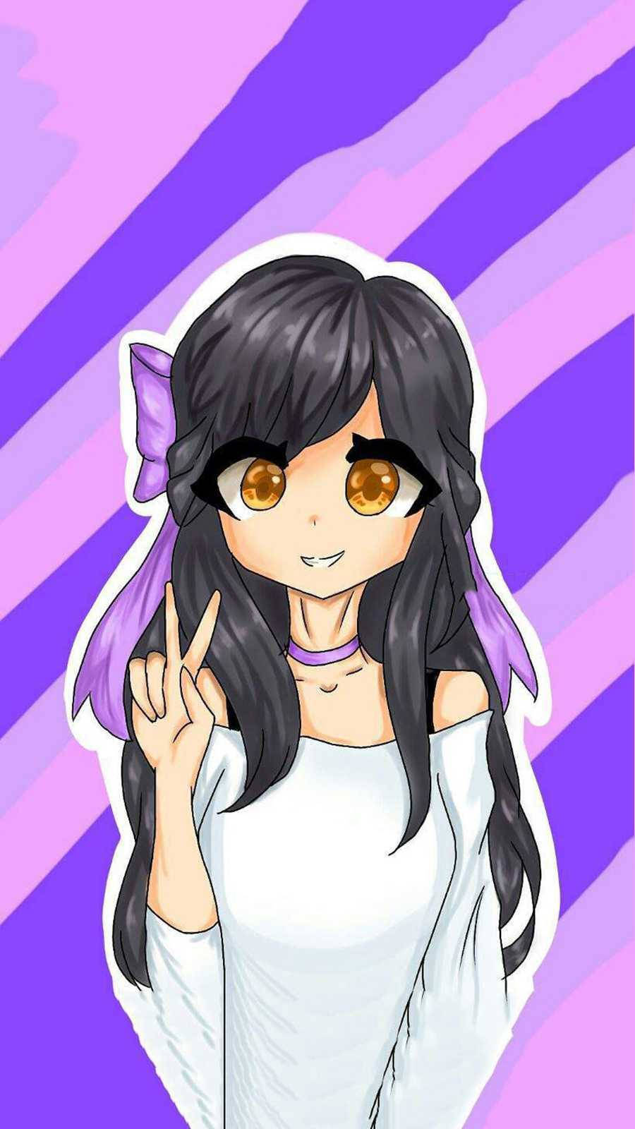 Aphmau 桌布 壁紙 — 黑髮金瞳的動漫女孩在紫色條紋背景上比出和平手勢。