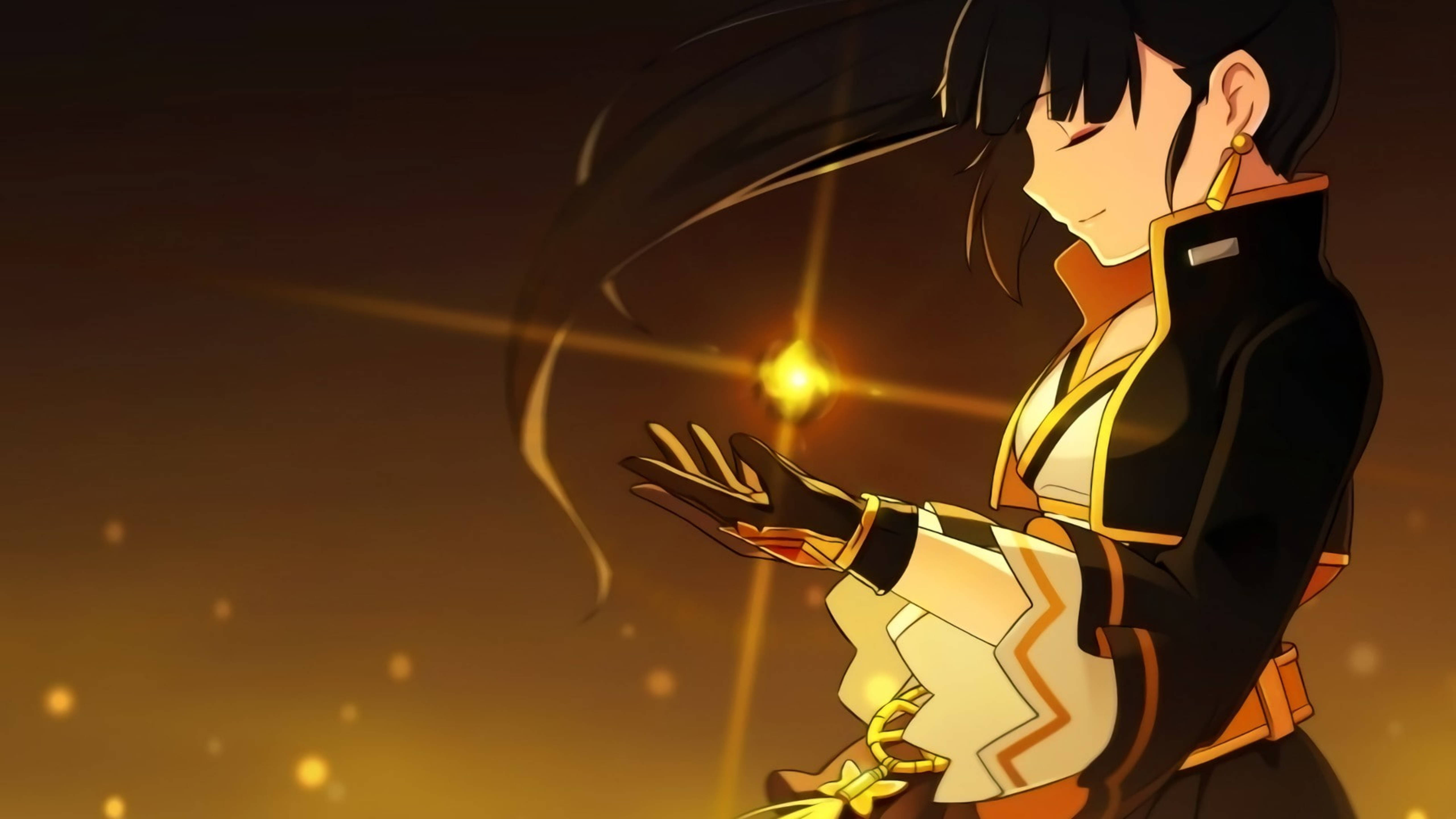 Elsword 桌布 壁紙 — 黑髮金邊制服的動漫少女在溫暖夕陽光下輕輕捧著發光的金色能量。