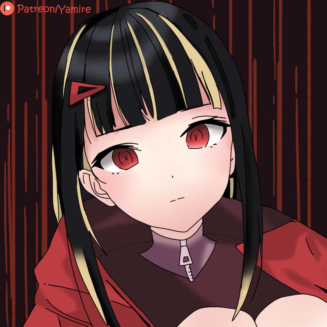 動漫女孩 桌布 壁紙 — 黑髮金髮紅眼動漫女孩在昏暗的房間裡，紅色垂直百葉窗前凝視前方。