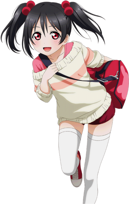 Nico Yazawa 桌布 壁紙 — 黑髮雙馬尾紅眼動漫女孩，穿著校服，背著紅色背包，快樂地奔跑。