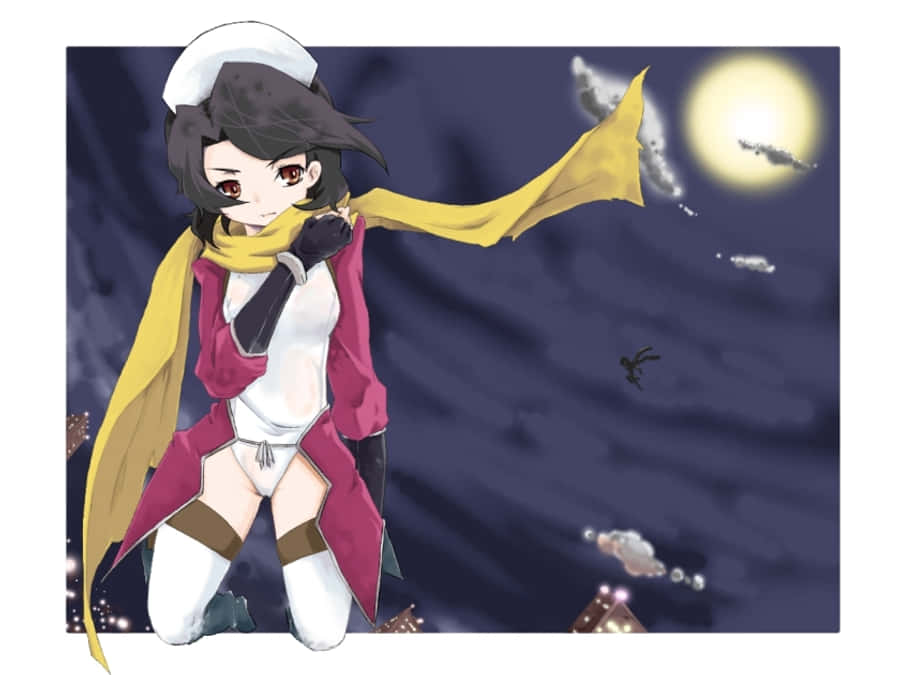 Sayoko Shinozaki 桌布 壁紙 — 黑髮黃圍巾的動漫女孩站在明亮的月亮下，夜空中有漂浮的碎片。