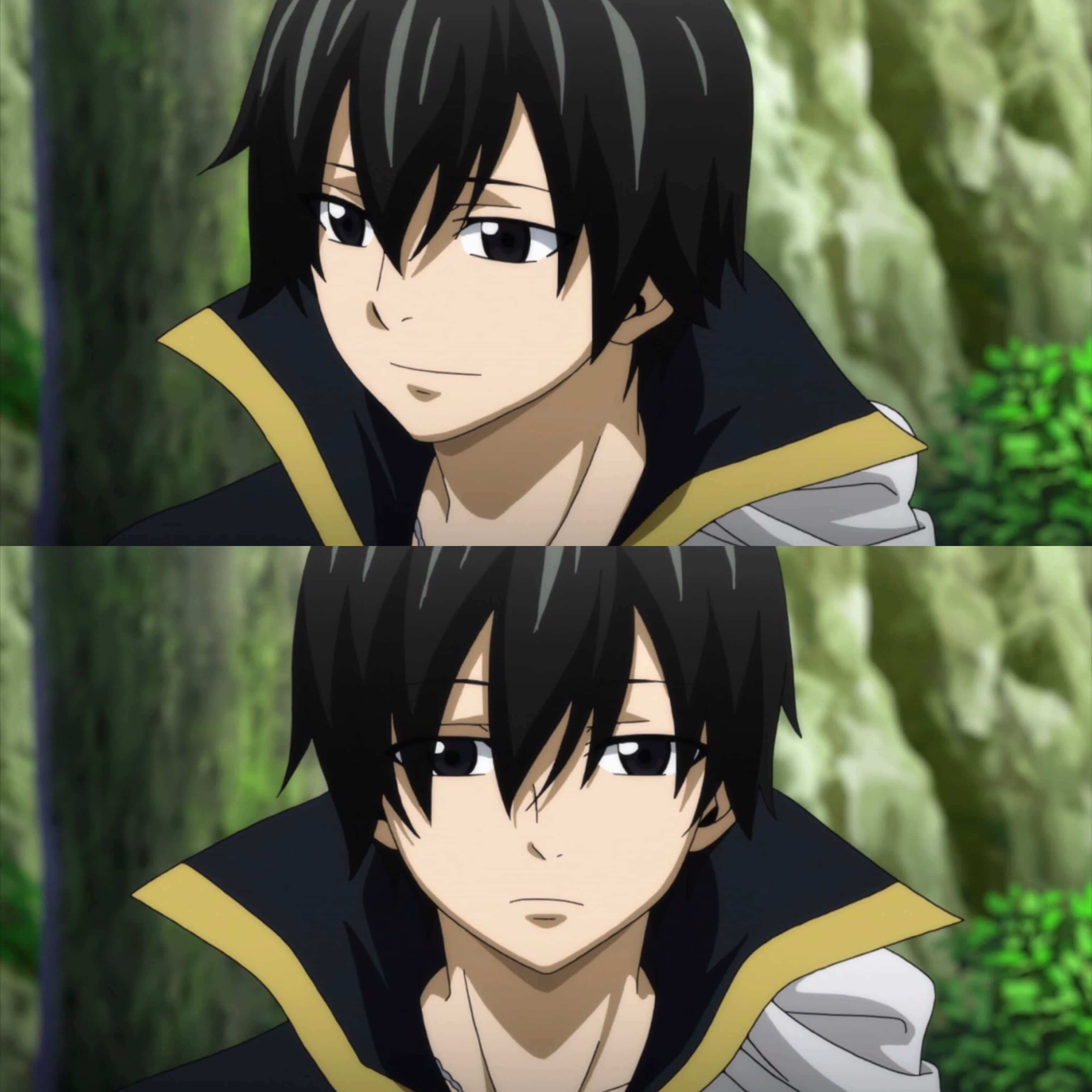 Zeref Dragneel 桌布 壁紙 — 黑髮黃邊斗篷的動漫角色，以兩種表情呈現在綠色森林背景前。