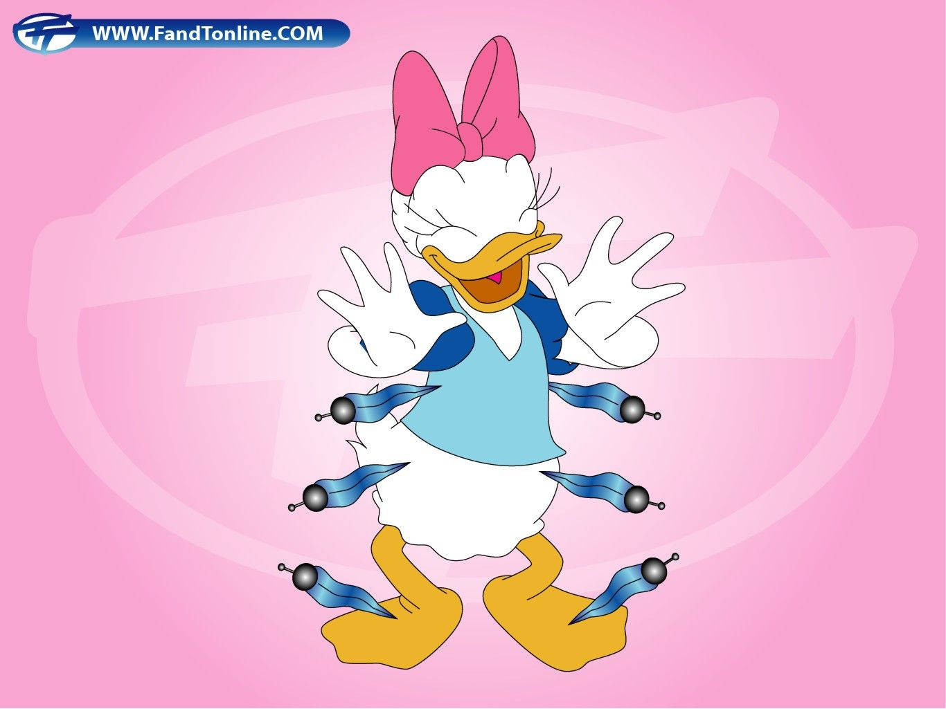 Daisy Duck 桌布 壁紙 — 黛絲鴨在柔和的粉紅色背景上，擺出愉快的姿勢，藍色絲帶在她周圍飛舞。