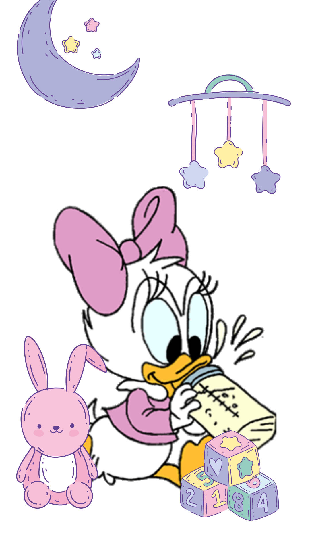 Daisy Duck 桌布 壁紙 — 黛絲鴨在育嬰室裡拿著奶瓶，旁邊有粉紅色兔子玩具和彩色積木，下方有新月和星星吊飾。