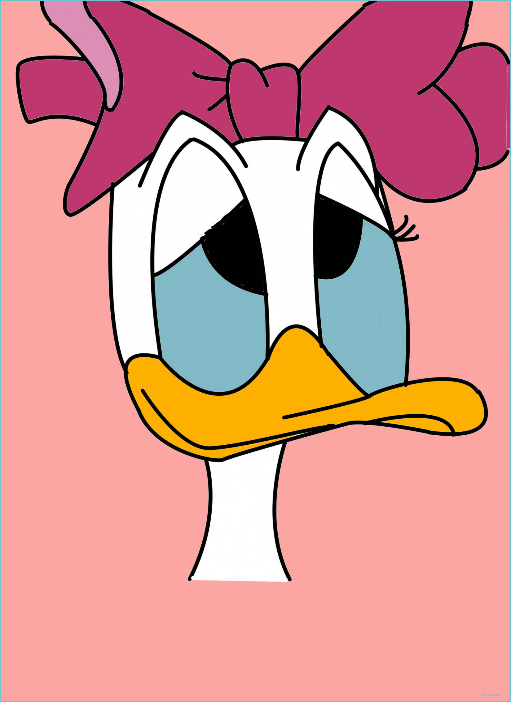 Daisy Duck 桌布 壁紙 — 黛絲鴨的大特寫，戴著一個大粉紅色蝴蝶結，眼睛疲倦，背景是柔和的粉紅色。