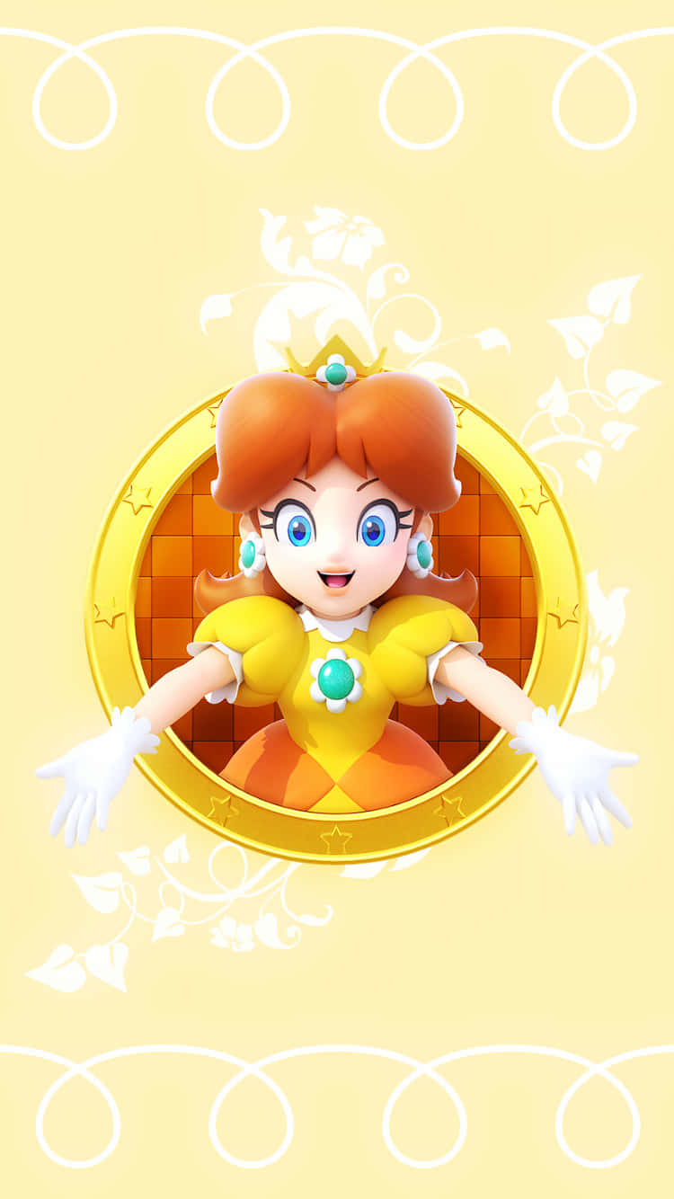 Princess Daisy 桌布 壁紙 — 黛西公主在金色圓形框架中，在帶有白色花卉漩渦的柔和黃色背景上燦爛微笑。