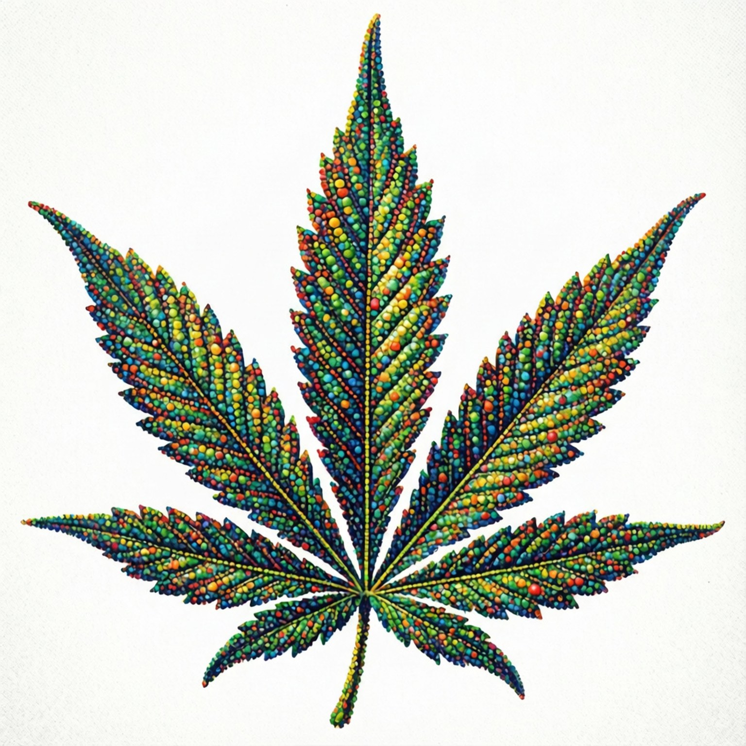 點彩畫風大麻葉 壁紙 — 一個充滿活力的大麻葉，由多色點組成，背景為純白色。