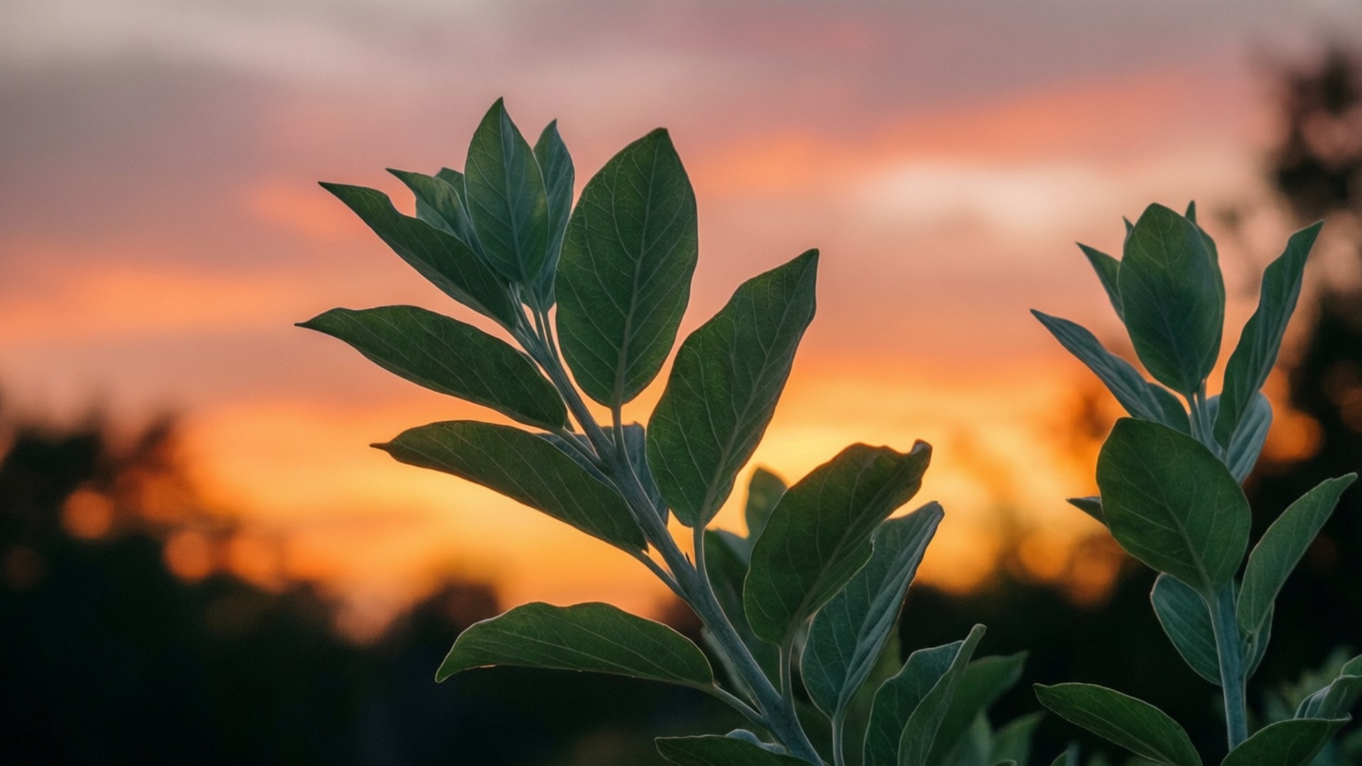 鼠尾草日落剪影 壁紙 — 剪影般的綠色葉子捕捉到溫暖的夕陽天空，帶有柔和的橙色和粉紅色雲彩。