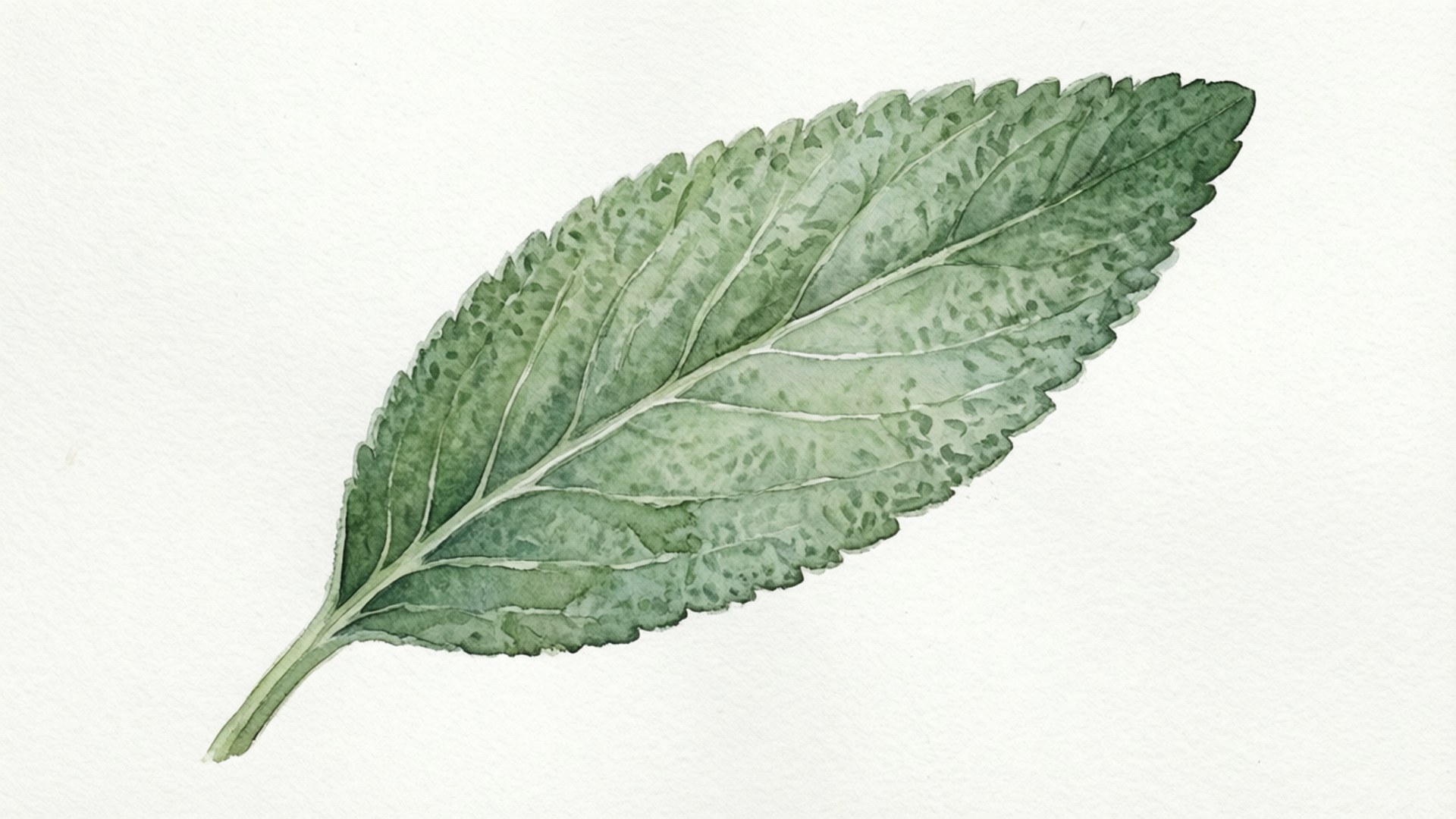 鼠尾草葉水彩畫 壁紙 — 一片帶有鋸齒邊緣和可見葉脈的水彩葉子，放置在帶有紋理的白色紙張上。