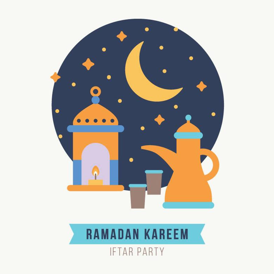 Ramadan 桌布 壁紙 — 齋月卡里姆開齋派對的扁平插圖，包含新月、星星、燈籠和咖啡壺，背景為夜空。