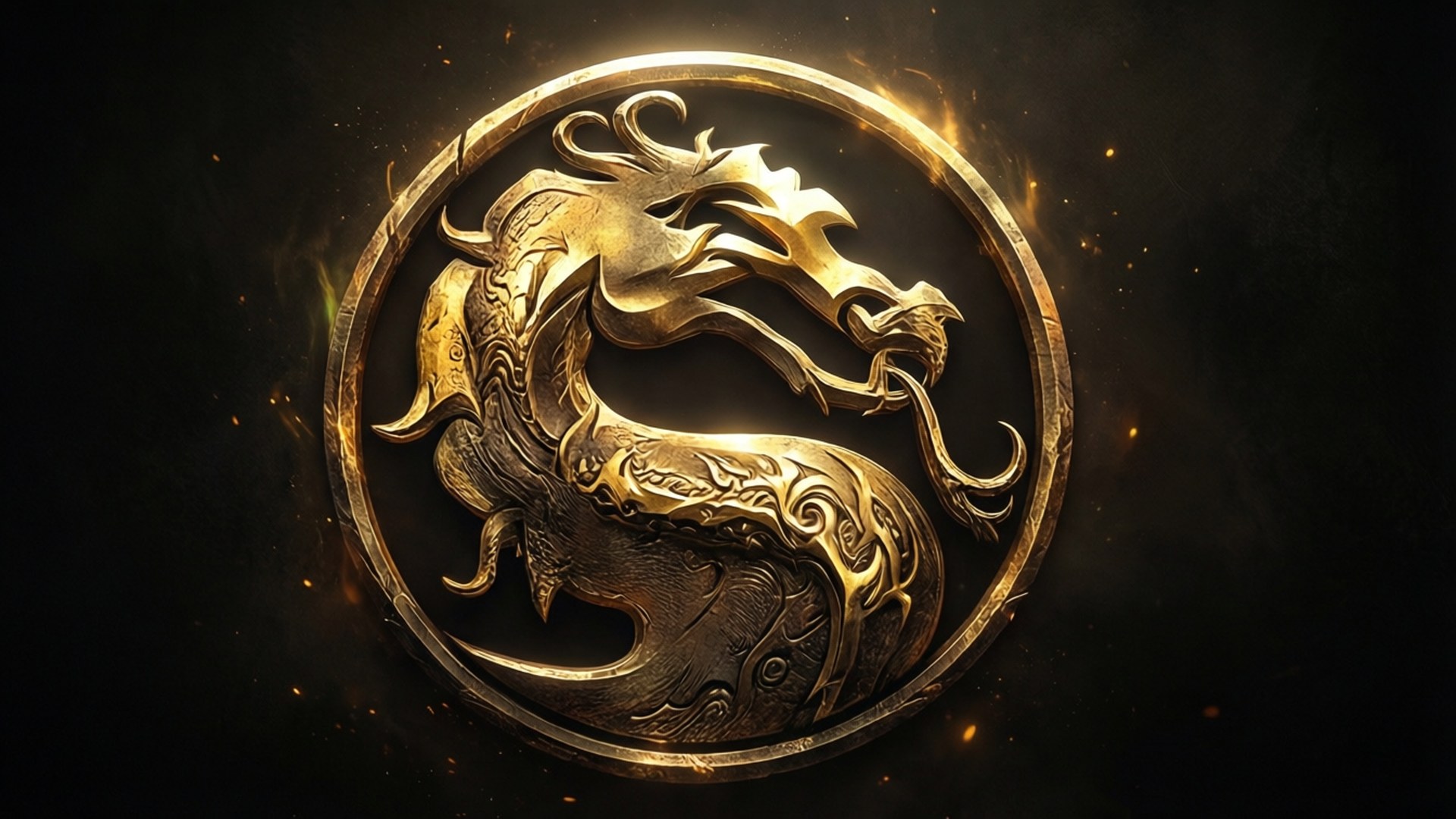 龍之徽章 壁紙 — 一條雄偉的金龍盤旋在圓形徽章內，在黑暗背景上閃耀著火花。