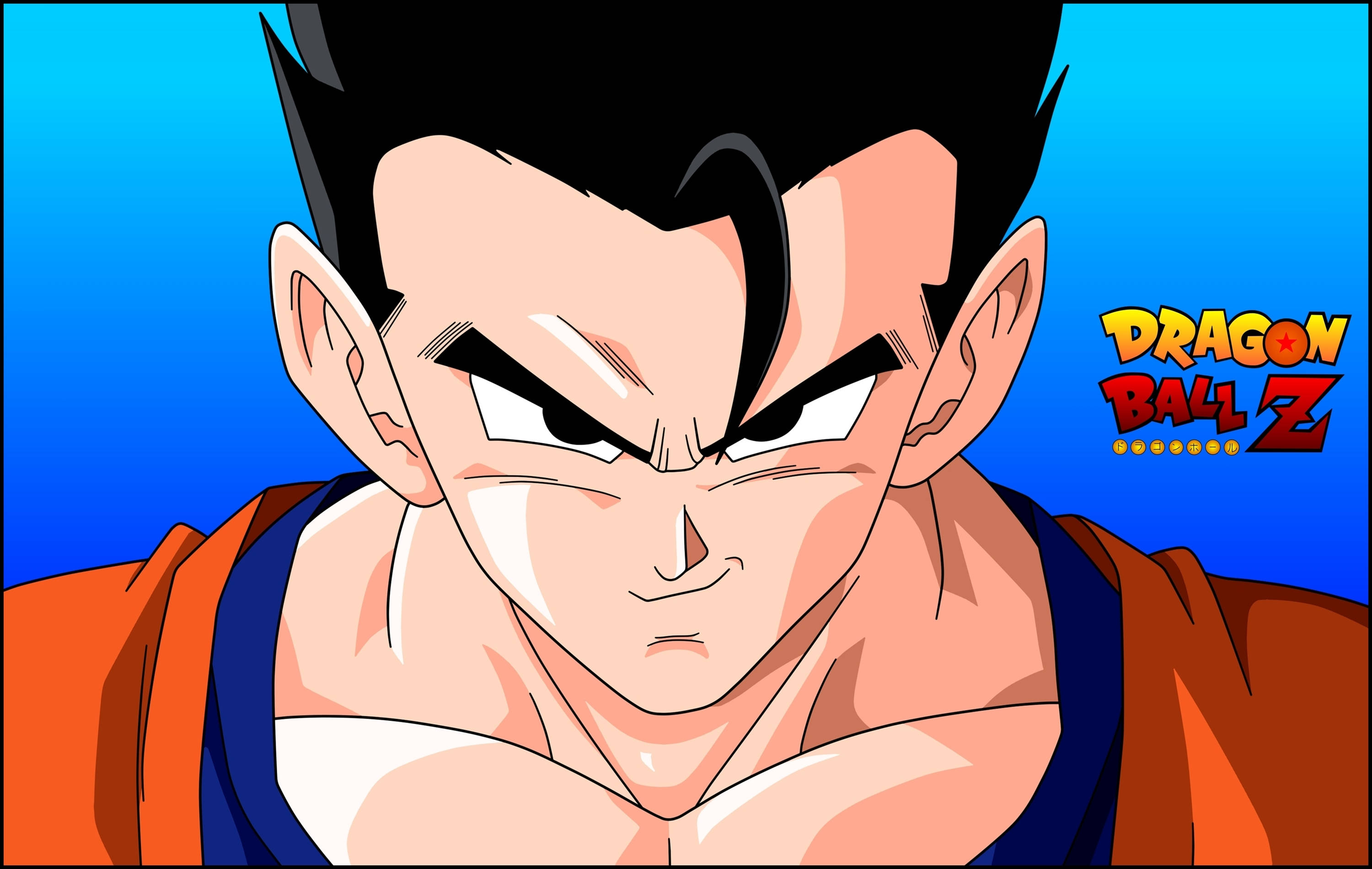 Gohan 桌布 壁紙 — 龍珠Z中悟空的特寫，帶有強烈的怒視和刺蝟般的黑髮，背景為明亮的藍色。