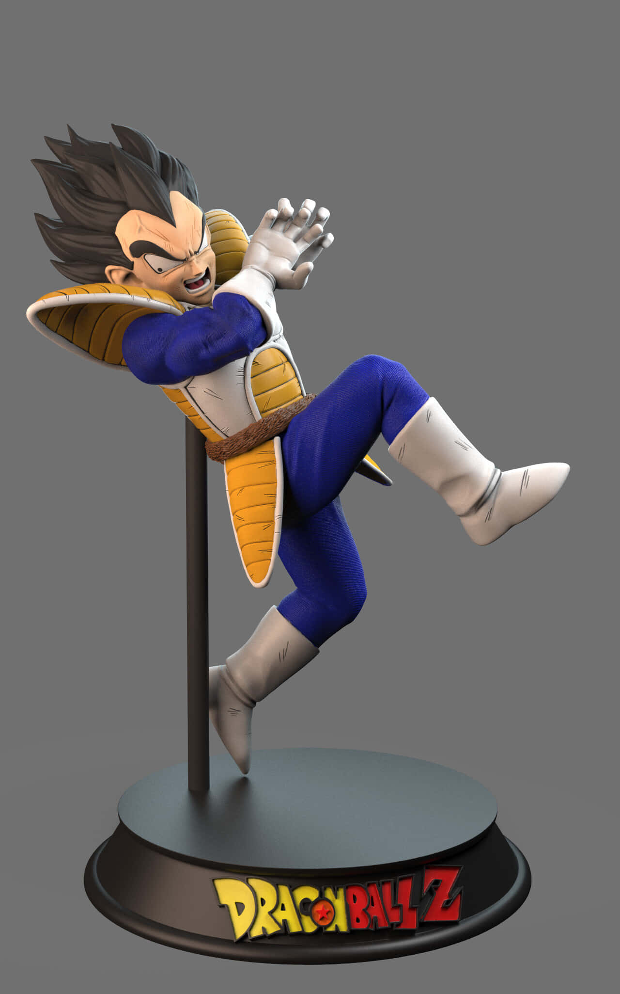 Vegeta Galick Gun 桌布 壁紙 — 龍珠Z中貝吉塔的動態3D渲染雕像，在品牌底座上擺出空中戰鬥姿勢。