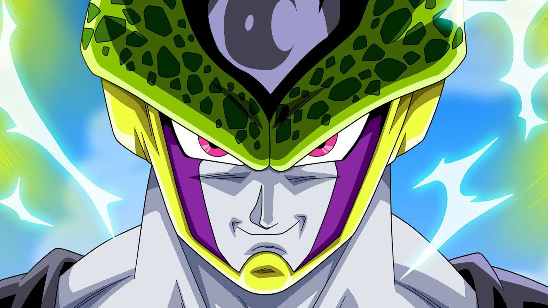 Dbz 桌布 壁紙 — 龍珠Z中賽魯的特寫，發光的眼睛和能量光環，襯托著充滿活力的藍色和綠色背景。