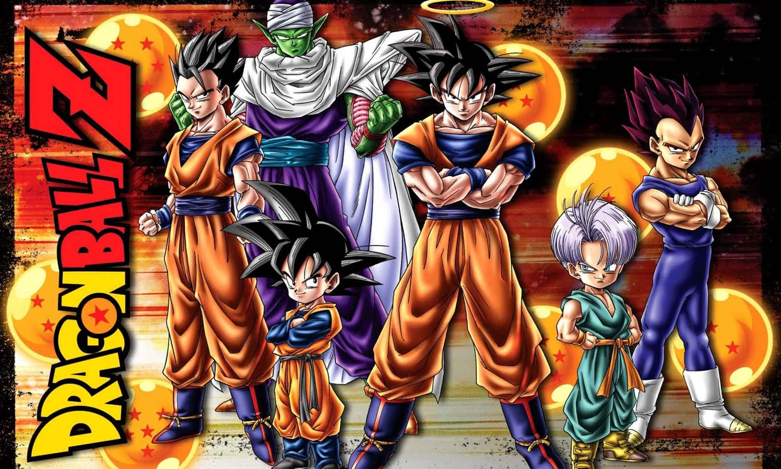 Dbz Movies 桌布 壁紙 — 龍珠Z角色在熾熱的夕陽背景下，伴隨著發光的球體，英勇地站立著。