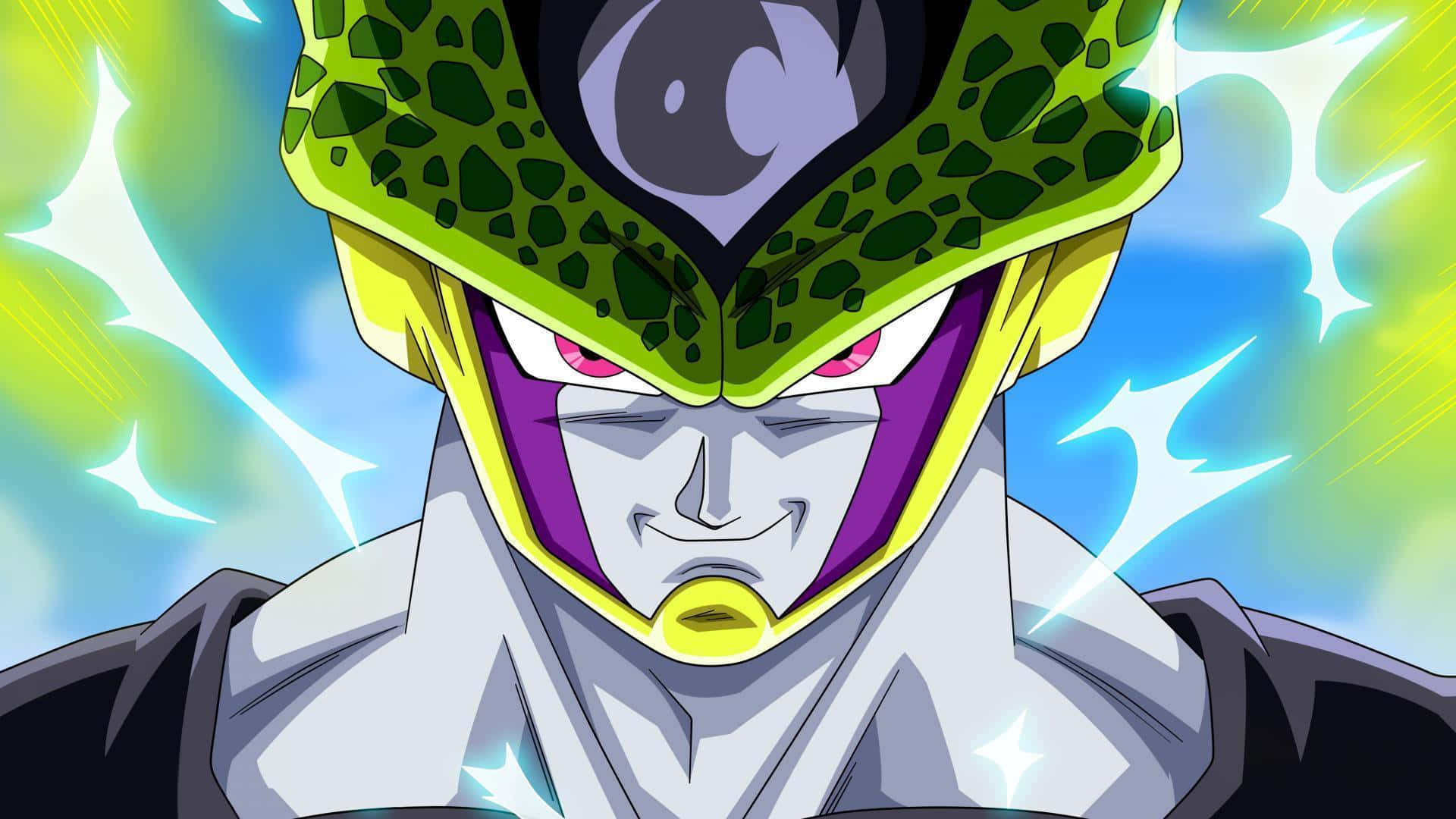 Cartoon Villains 桌布 壁紙 — 龍珠中賽魯的特寫，帶有發光綠色氣場和強烈粉紅色眼睛，背景是鮮豔的藍色和黃色。