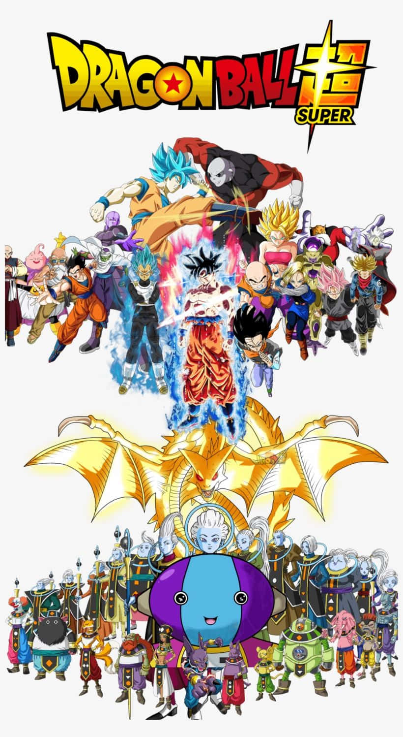 Dragon Ball Z Phone 桌布 壁紙 — 龍珠超角色以動感戰鬥姿勢呈現，帶有能量爆炸和下方一條金色龍。